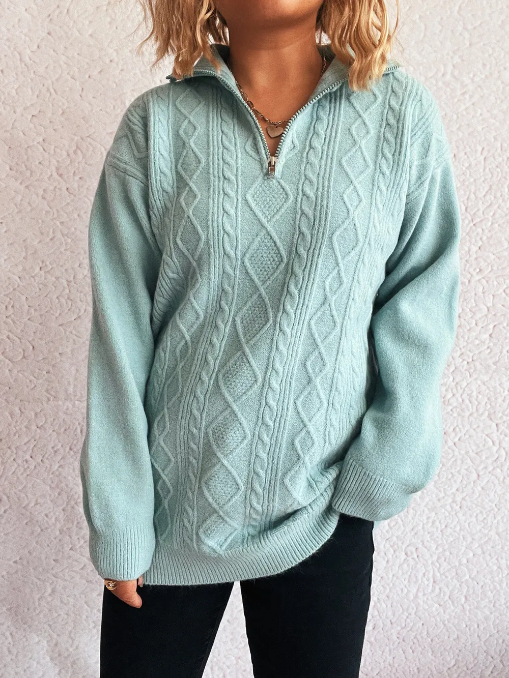 Texture Zip Collar Long Sleeve Sweater, image 2