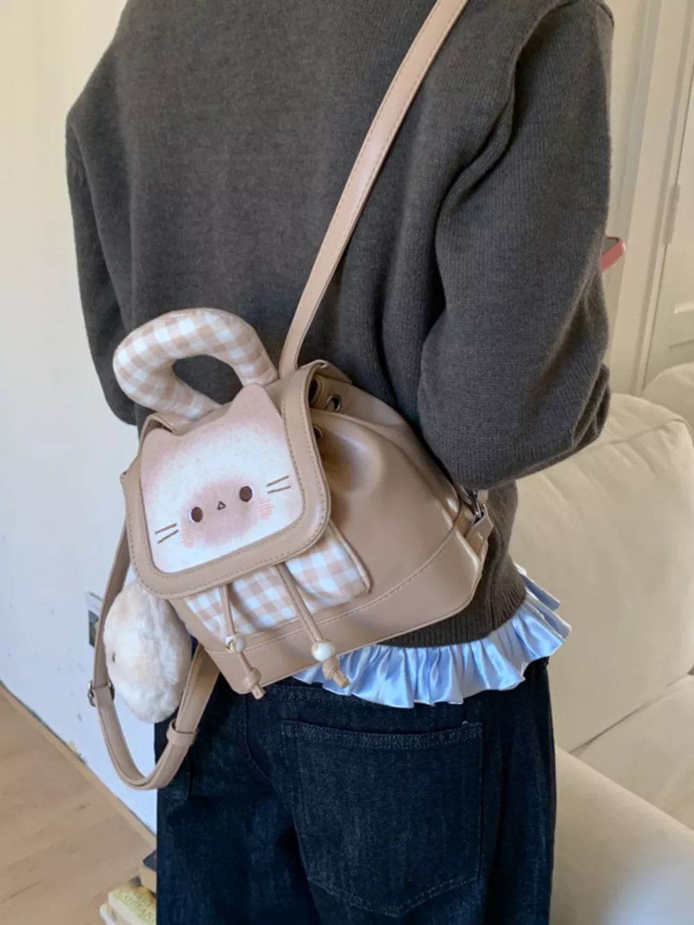 Cat Plaid Backpack Bag, image 11