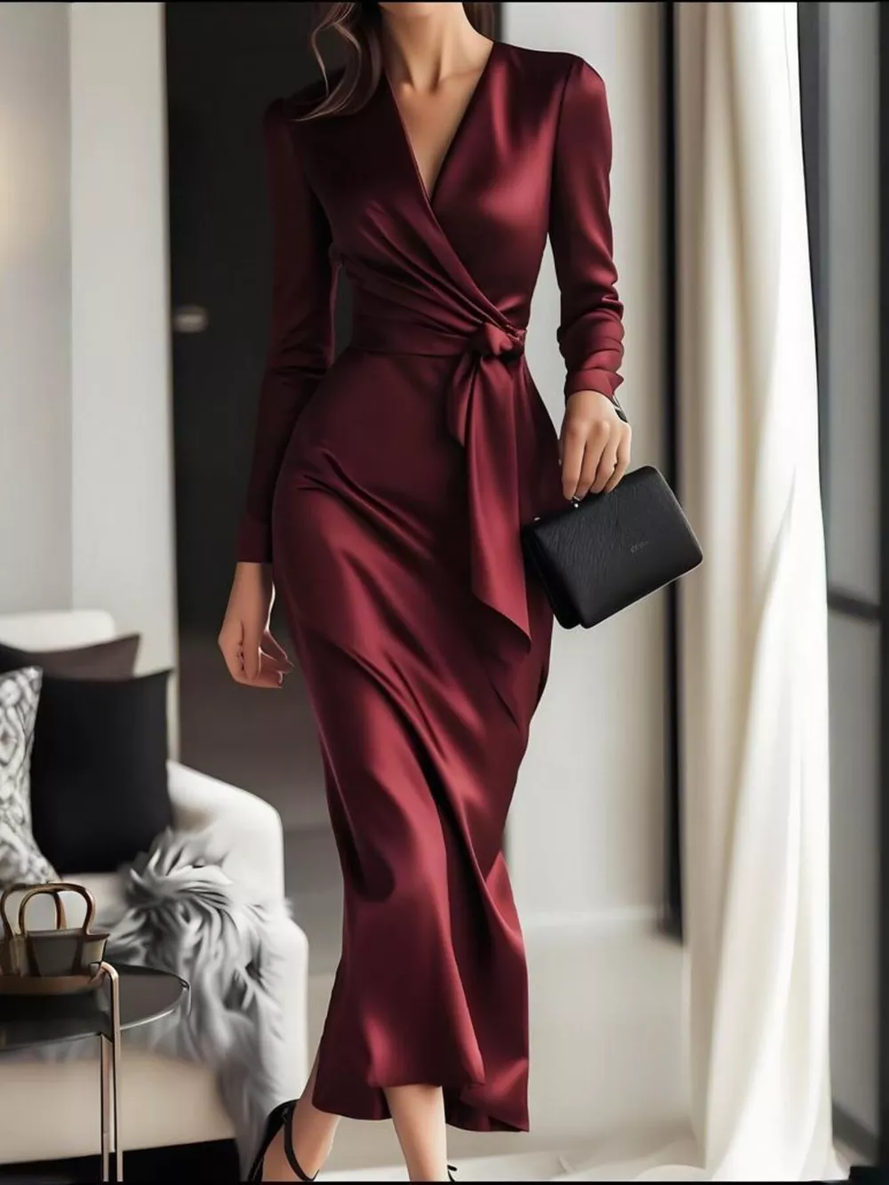 Surplice Satin Long Sleeve Dress, image 2
