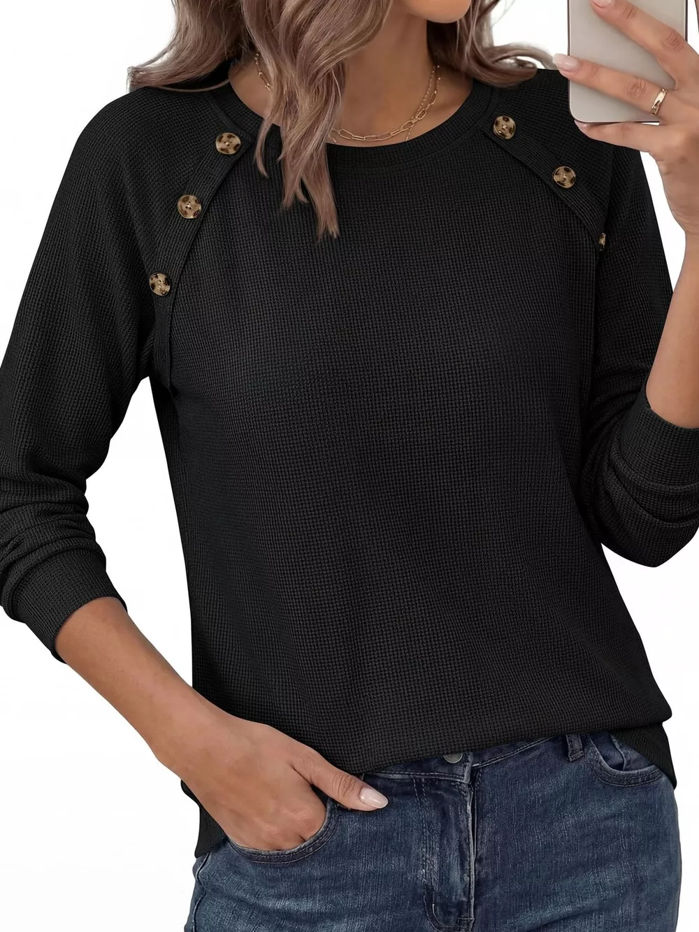 Decorative Button Waffle Knit Long Sleeve T-Shirt, image 15