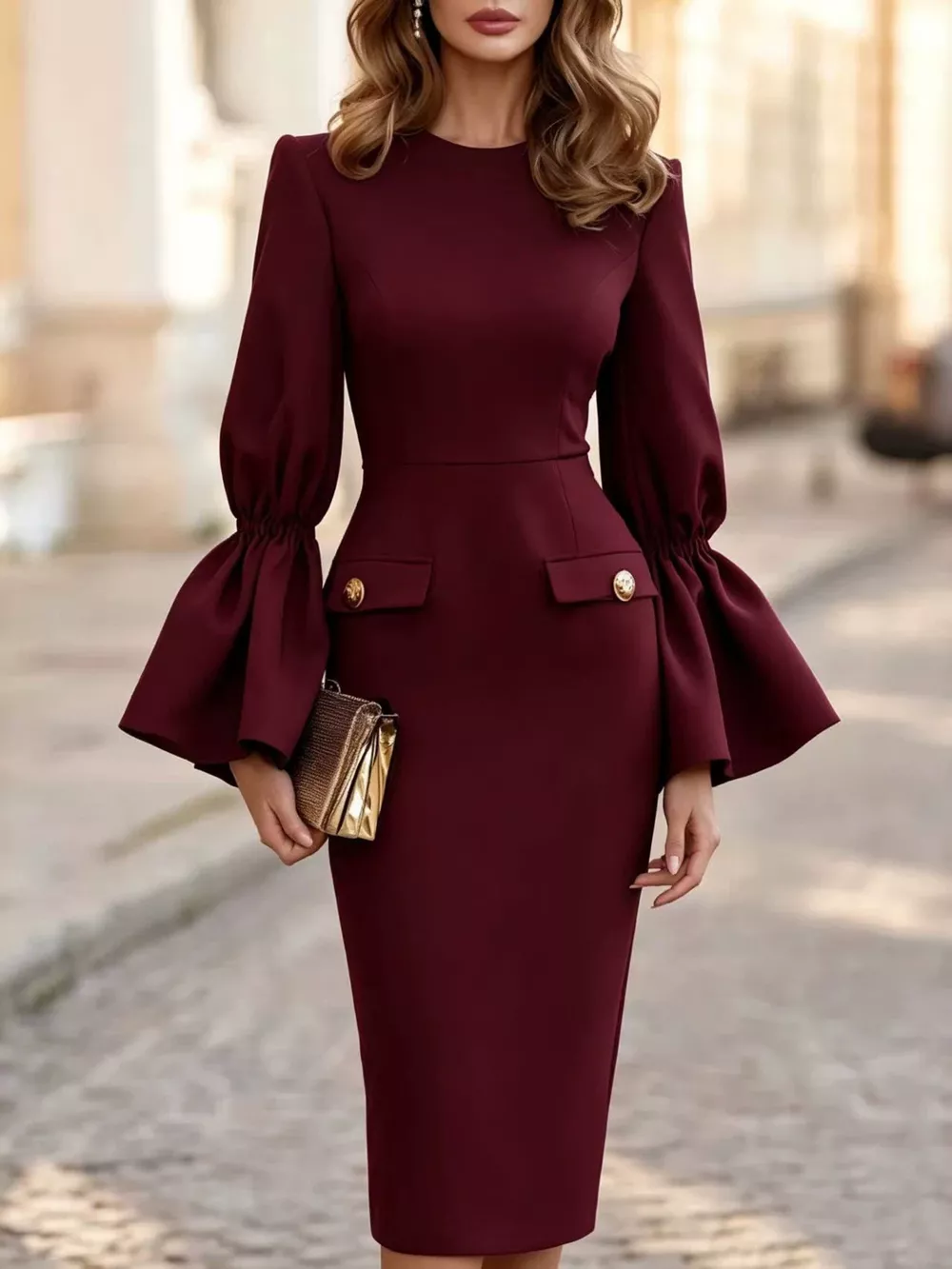 Slit Round Neck Flare Sleeve Dress, image 5