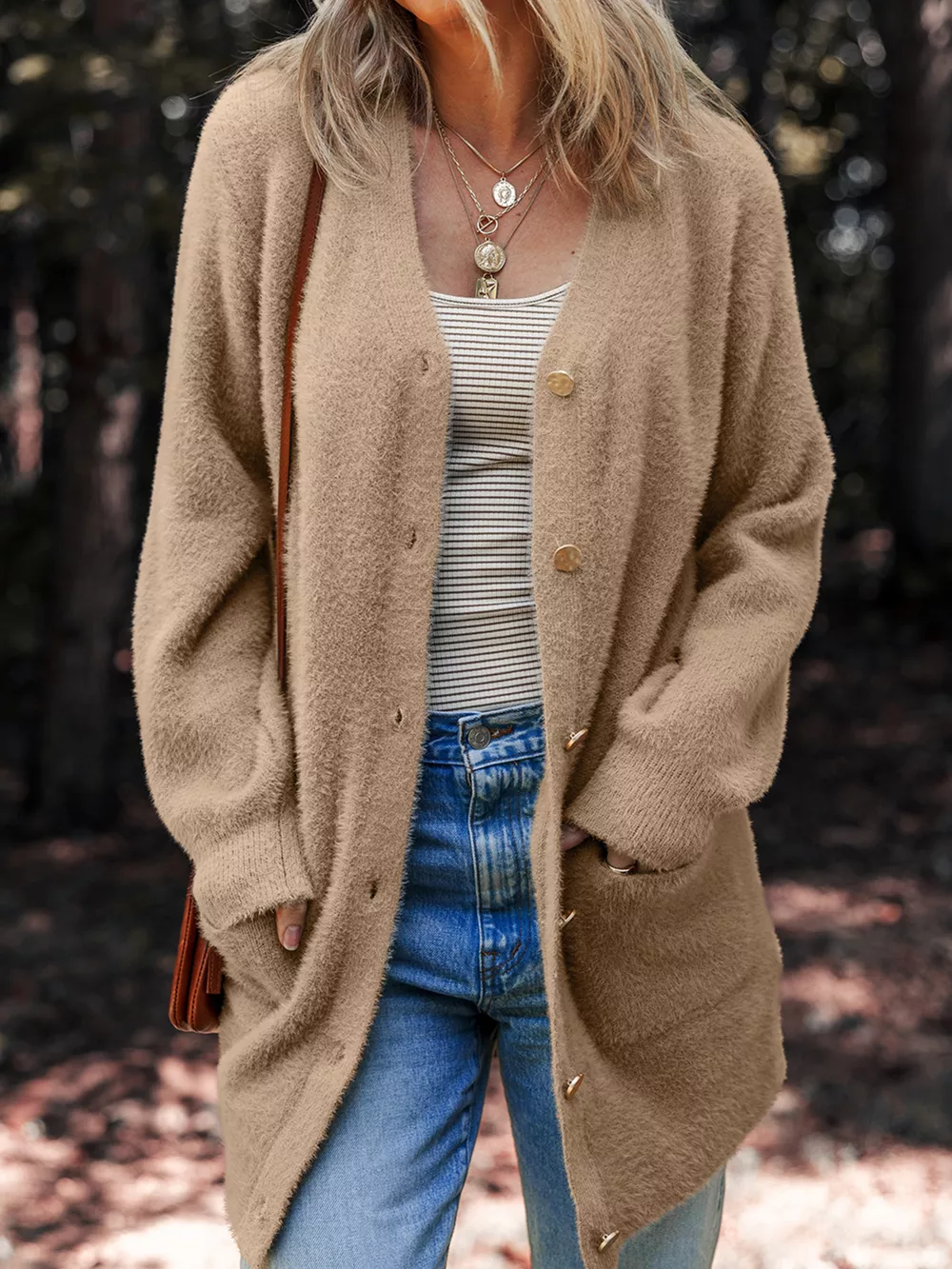 Fuzzy Buttoned Front Cardigan with Pockets, image 2