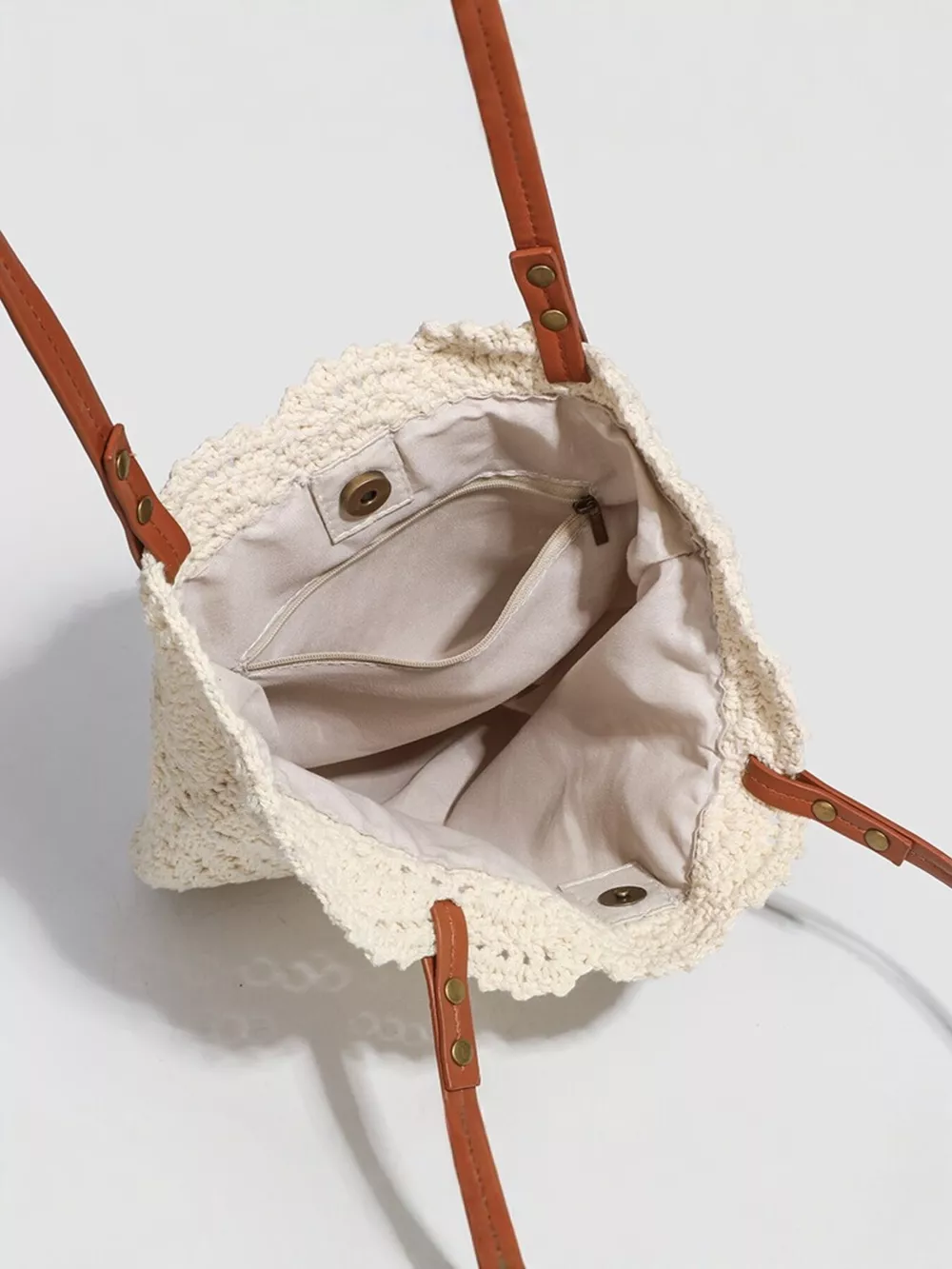 Bohemian Crochet Knit Tote Handbag with Leather Handles, image 5