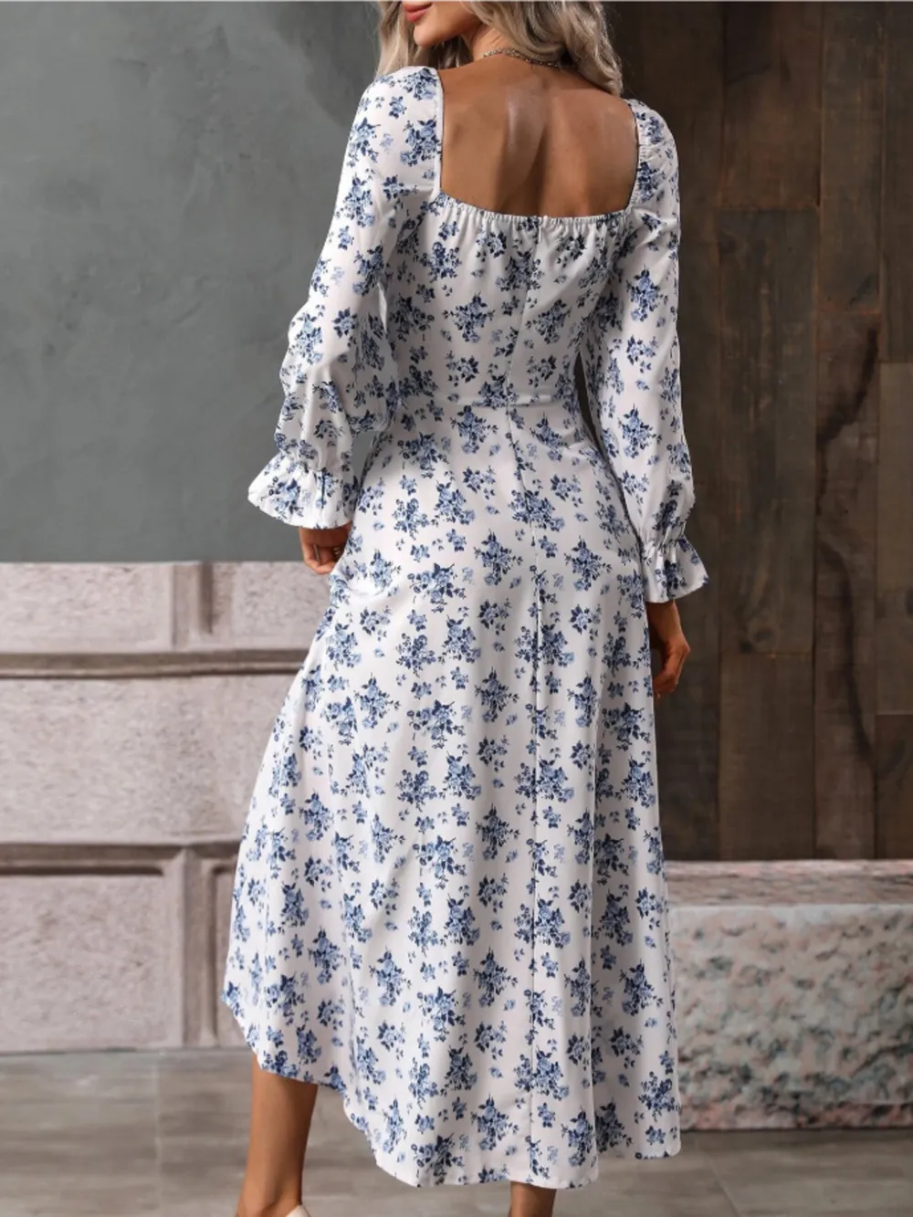 Floral Print Square Neck Flounce Sleeve Dress with Side Slit, image 2