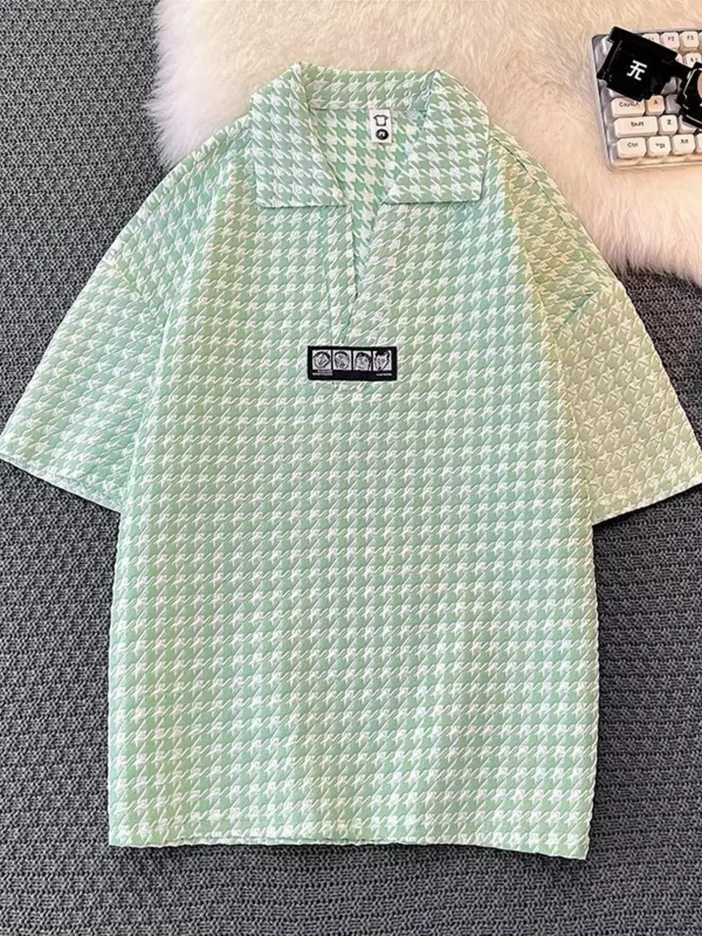 Men's Plus Size Houndstooth Pattern Short Sleeve Polo Shirt, image 2