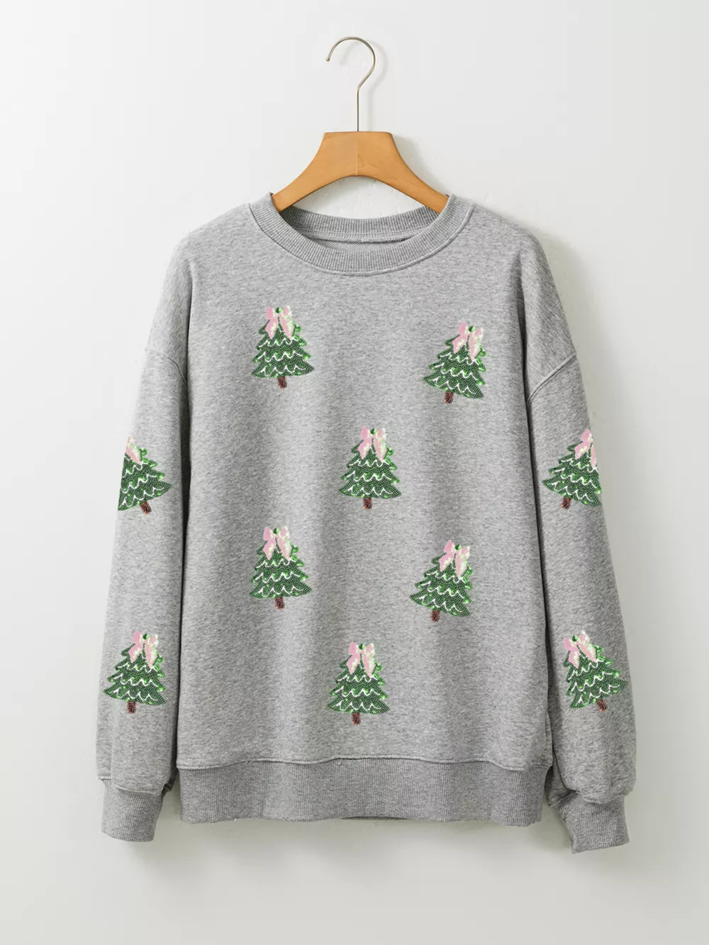 Sequined Christmas Tree Patched Patterned Holiday Pullover Sweatshirt, image 3