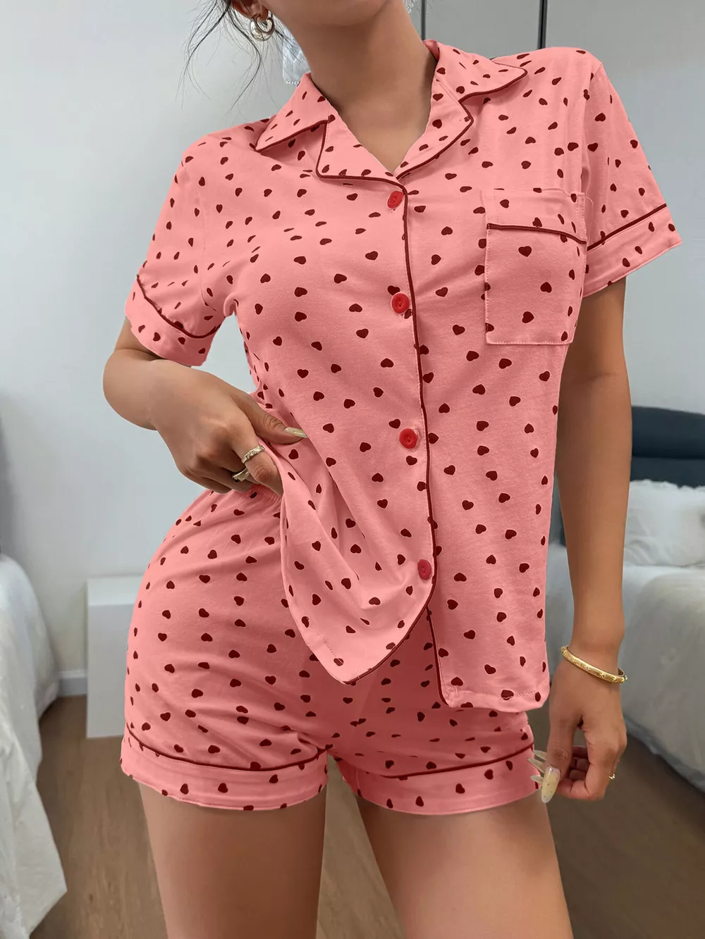Heart Print Button-Down Short Sleeve Top and Shorts Lounge Set, image 5