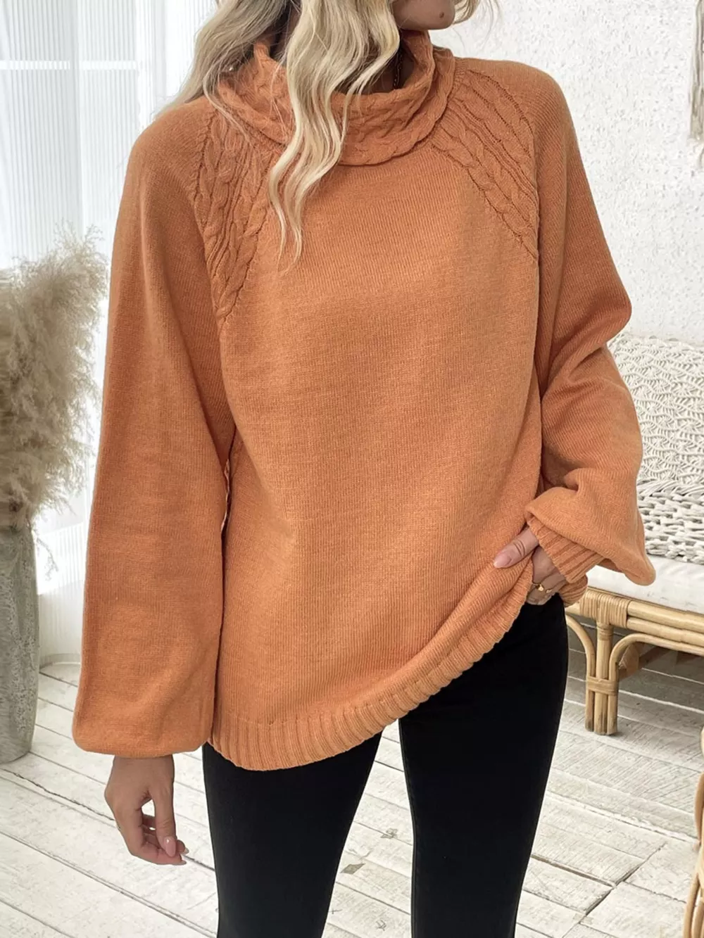 Cable-Knit Turtleneck Long Sleeve Sweater, image 9