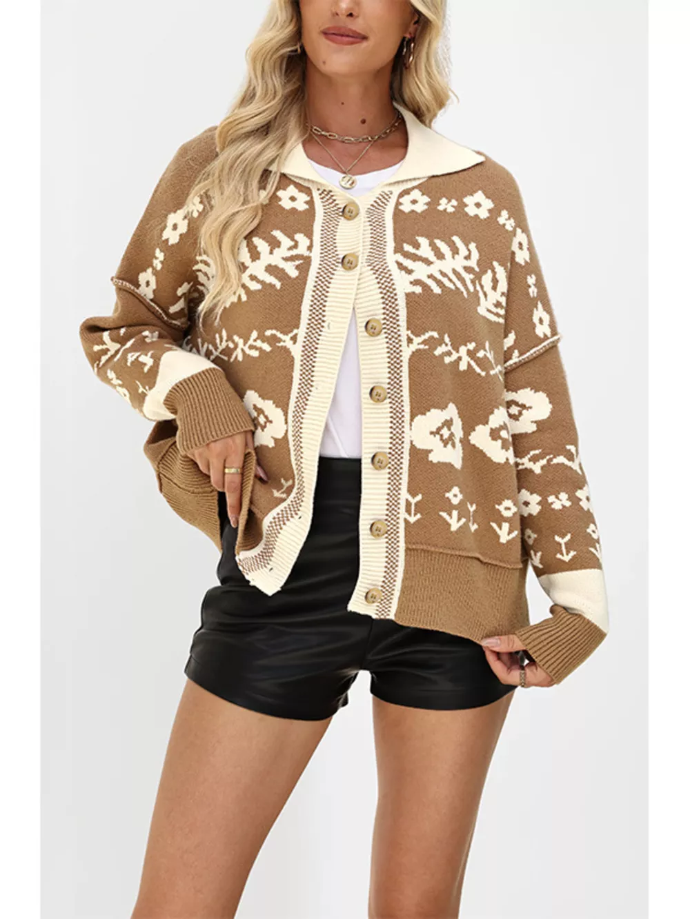 Floral Pattern Knit Cardigan with Contrast Collar, image 5