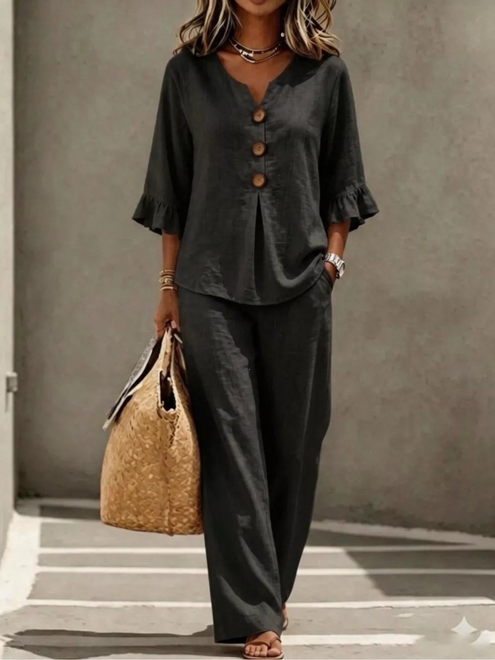 Full Size Decor Button Ruffled Top and Wide-Leg Pants Set Plus Size, image 4