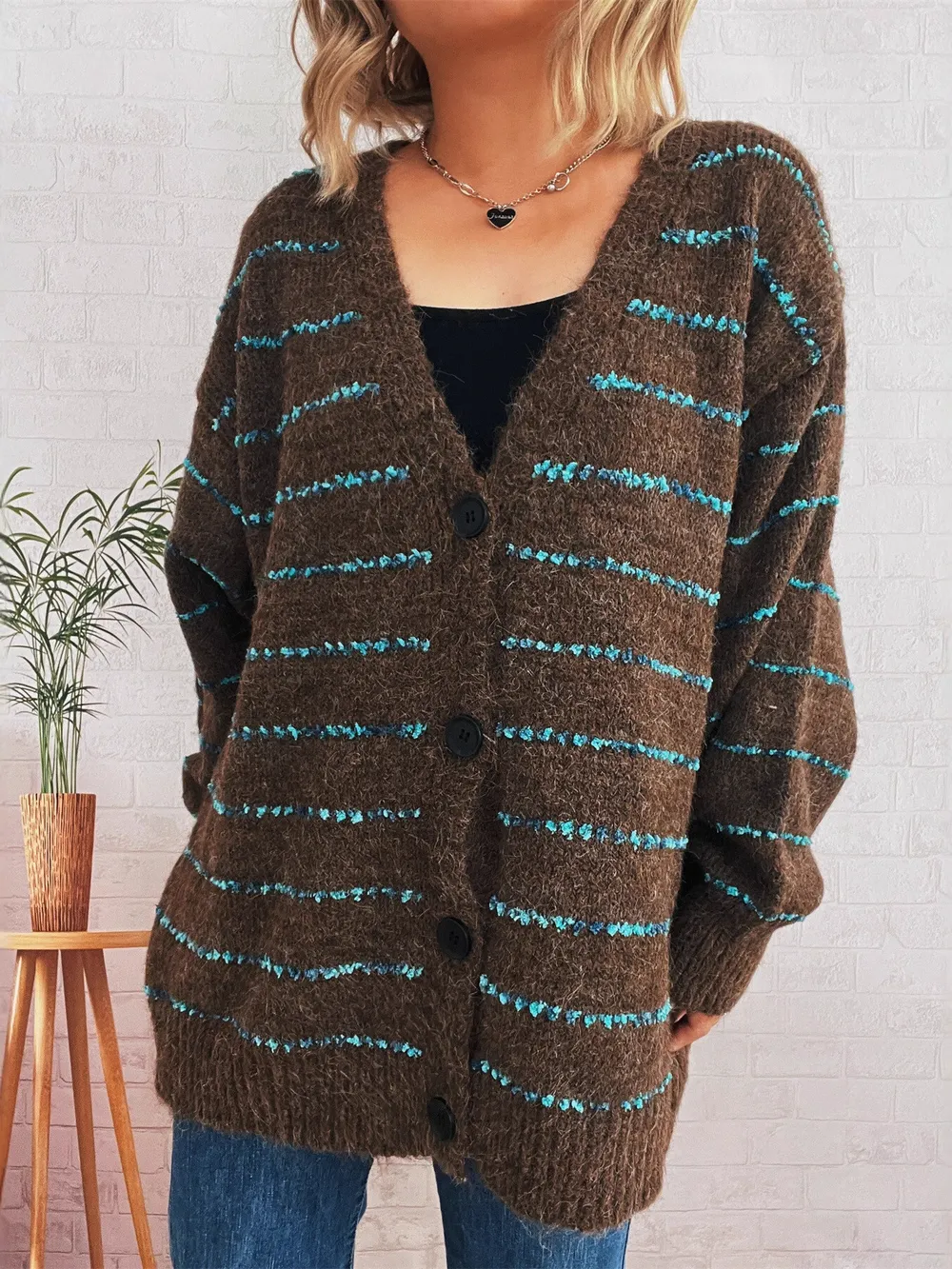 Striped Button-Up Cardigan with V-Neck Design, image 12