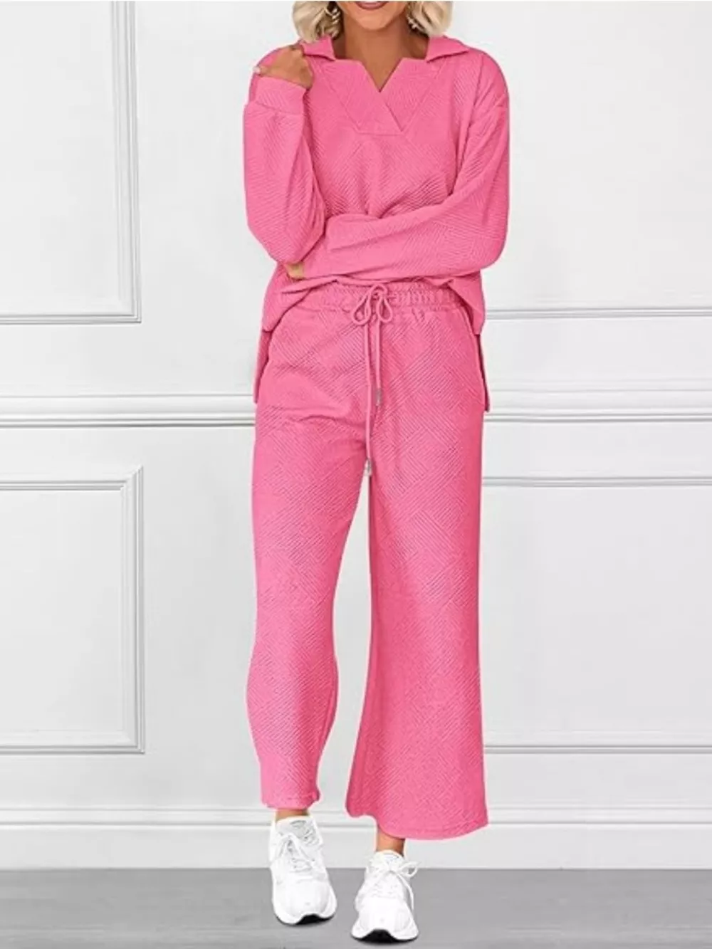 Side Slit Textured Top and Drawstring Pants Set, image 22