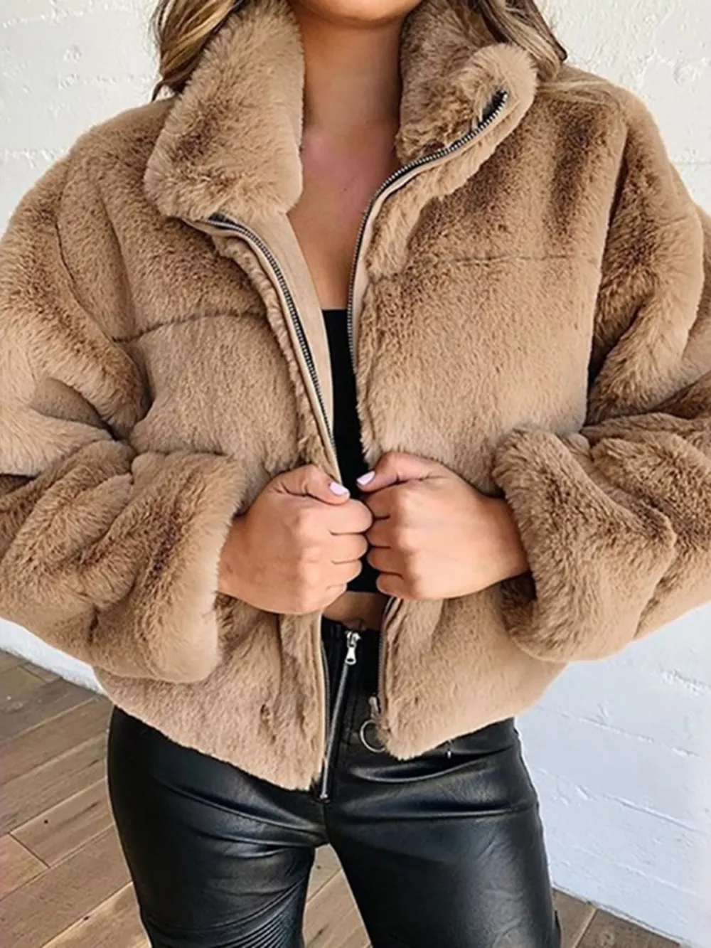 Full Size Faux Fur Cropped Zip-Up Jacket Plus Size, image 2