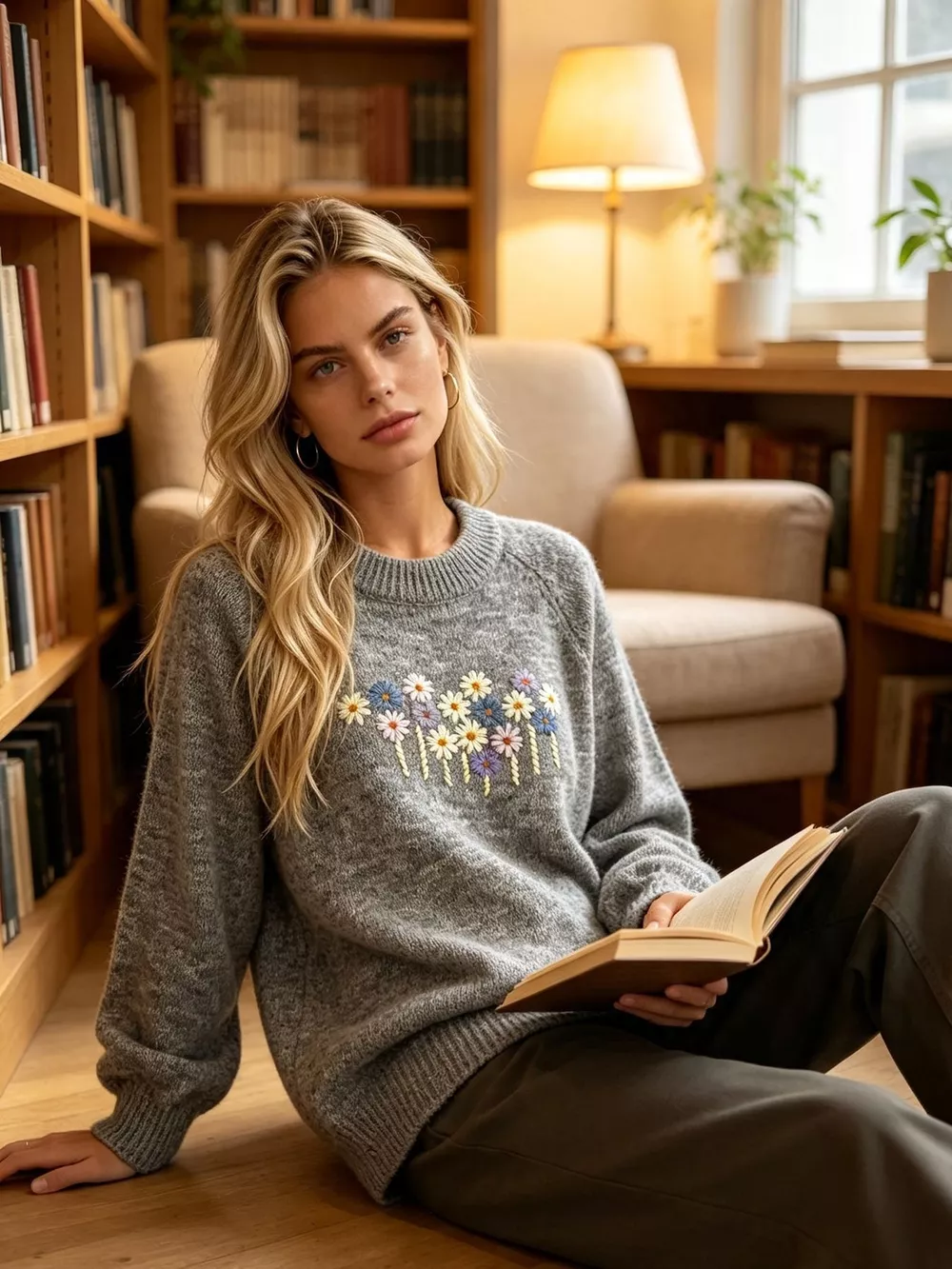 Floral Embroidered Round Neck Sweater, image 21
