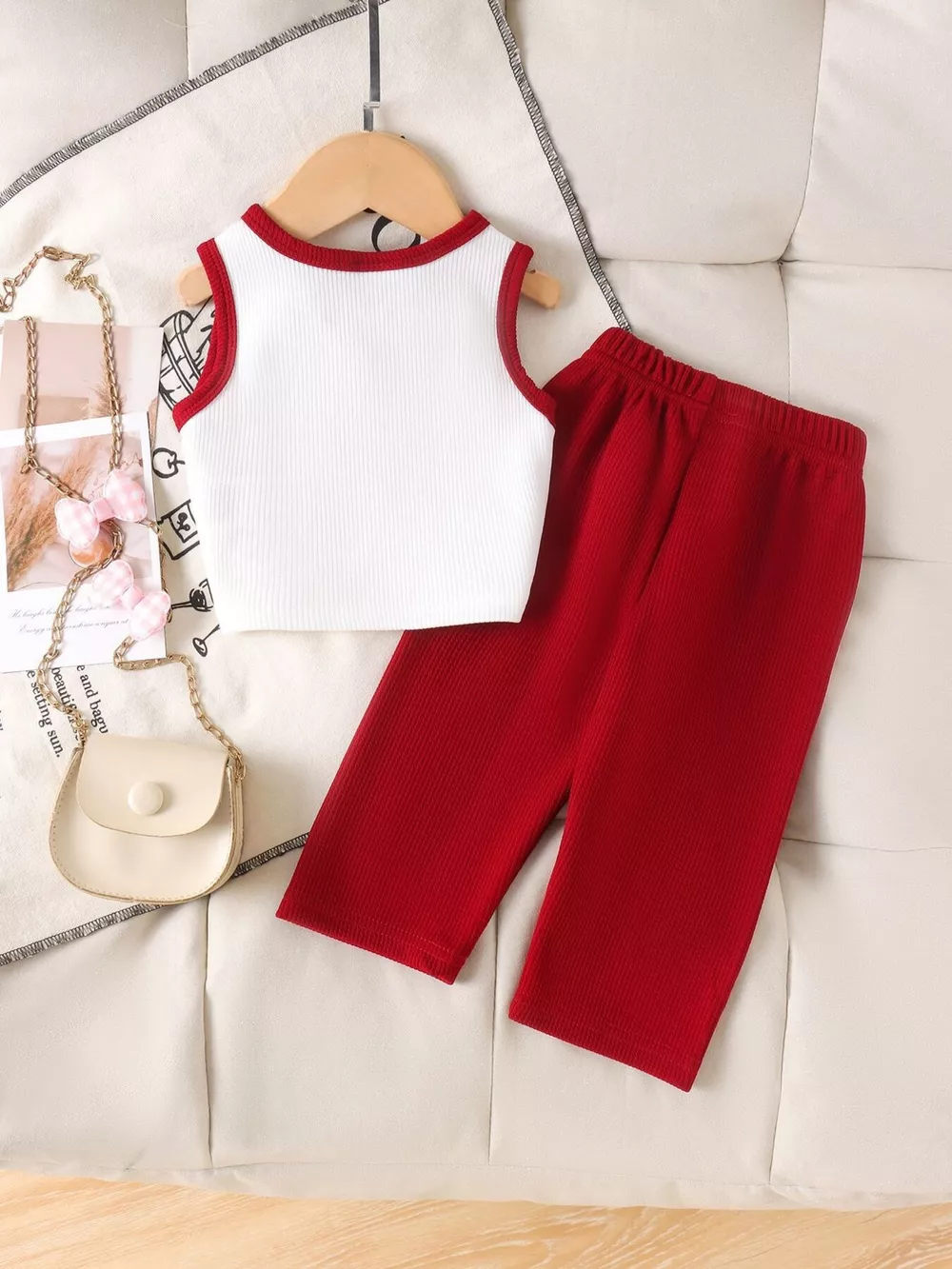 Children's Ribbed Bow Tank Top and Pants Set, image 5