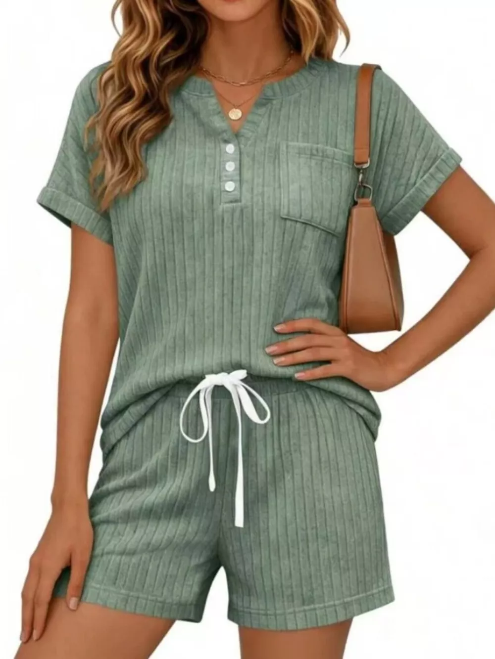 Casual Ribbed Knit Tee and Shorts Set, image 3