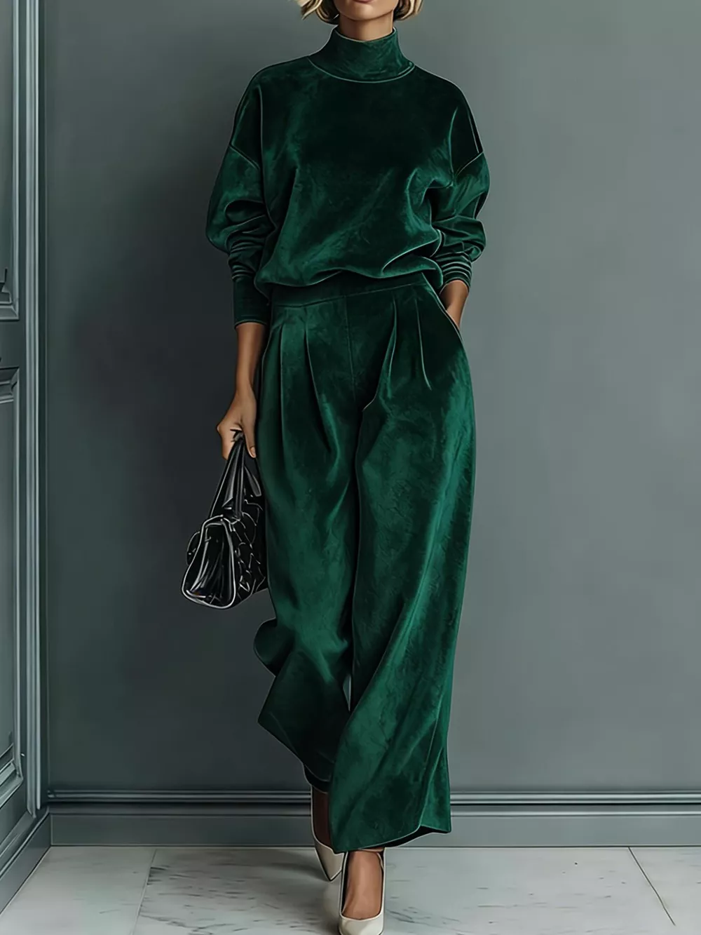 Full Size Elegant Velvet Mock Neck Long Sleeve Top and Wide-Leg Pants Set Plus Size, image 5