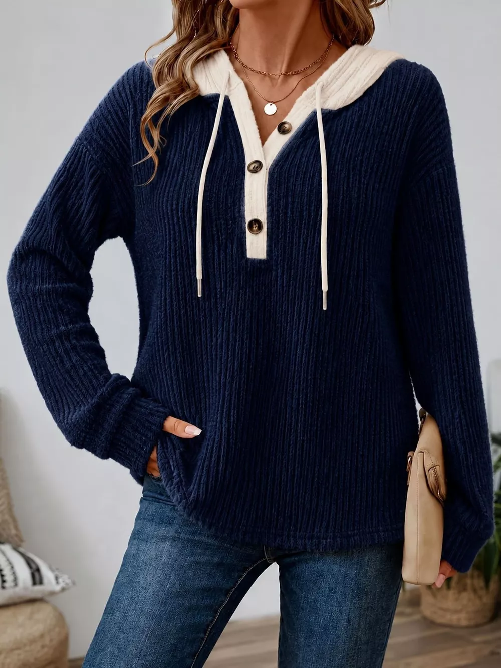 Full Size Drawstring Button Detail Hooded Sweater Plus Size, image 4