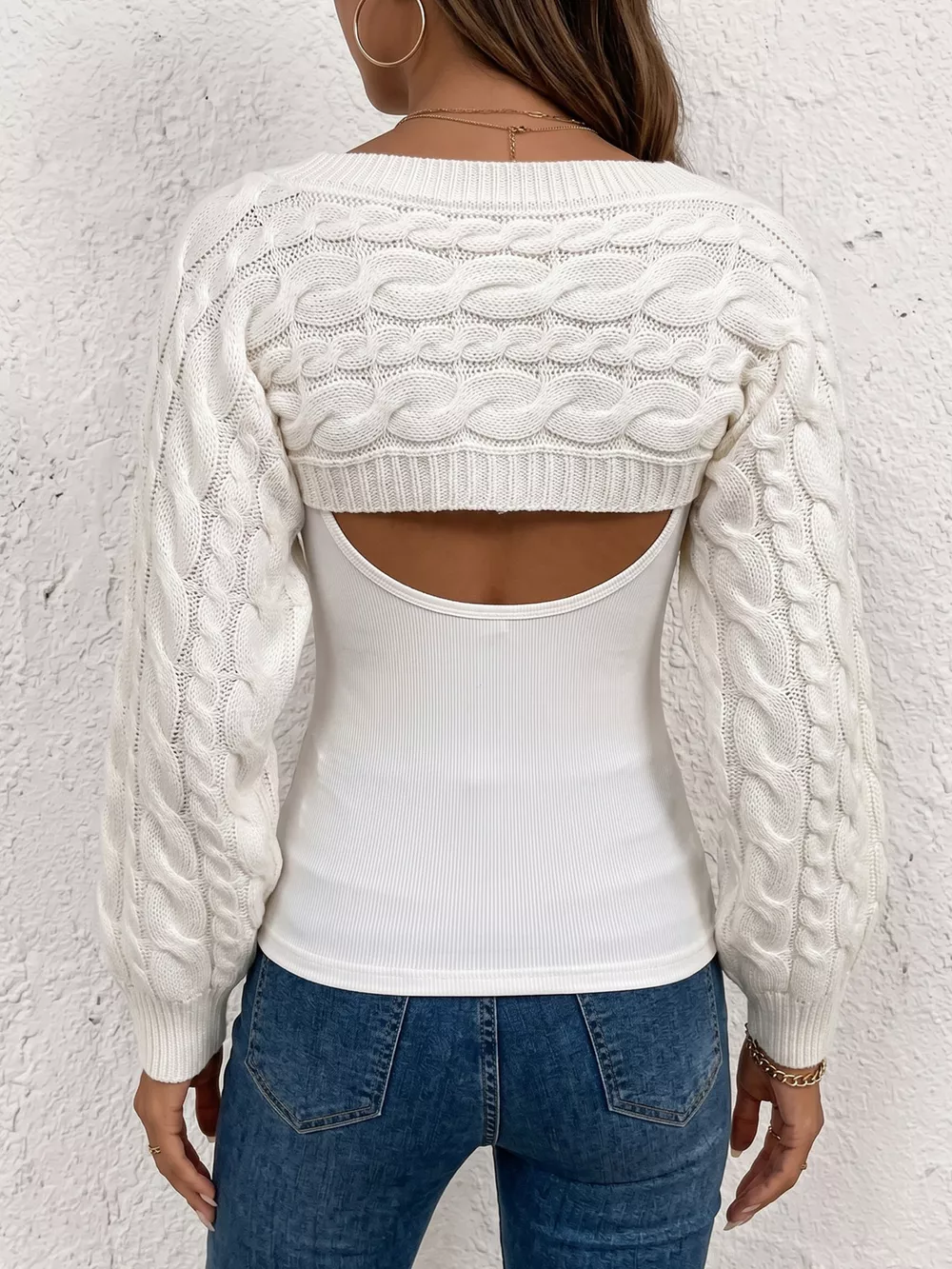 Long Sleeve Crop Cable Knit Cover Up, image 9