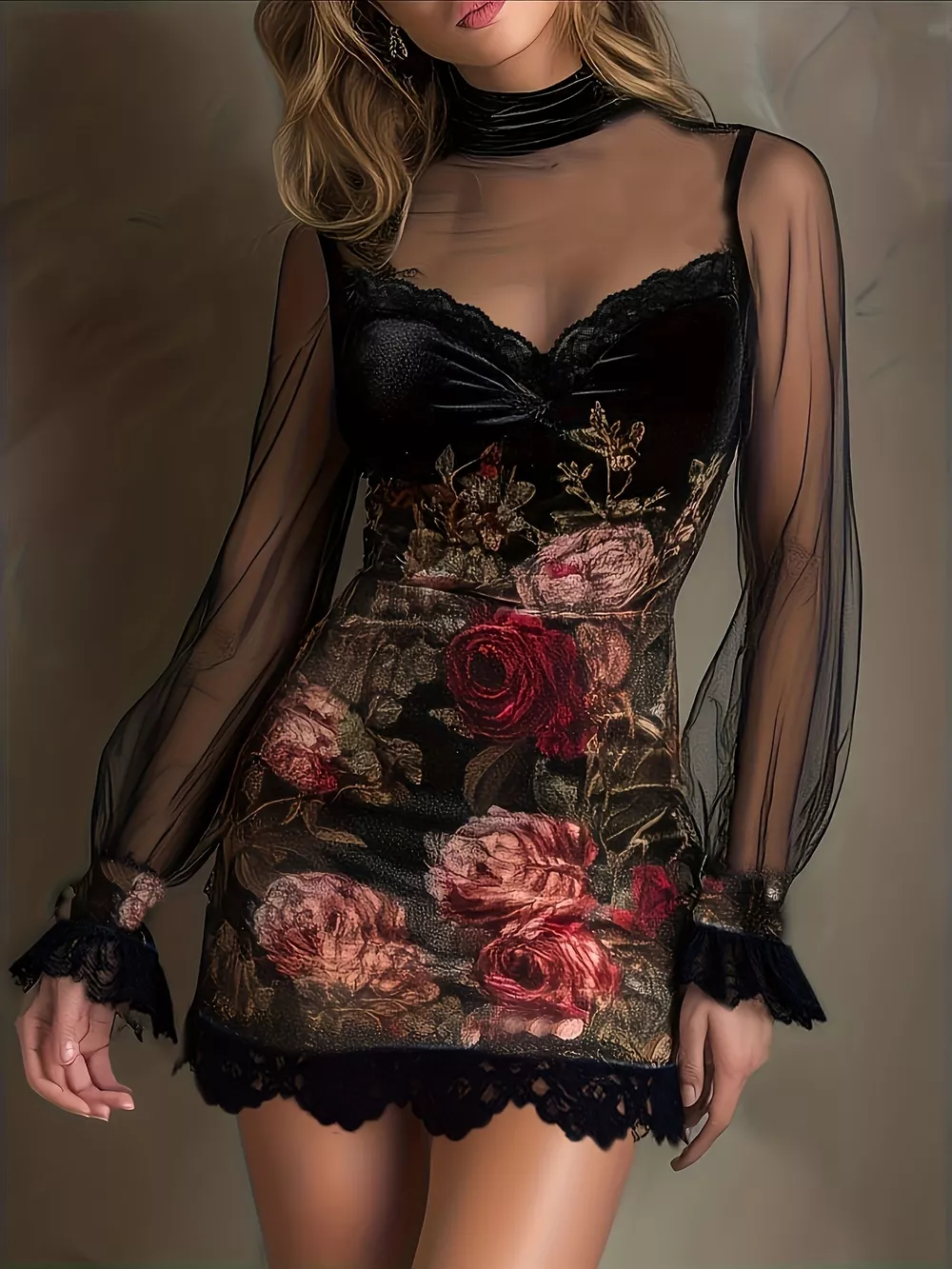 Floral Velvet Mini Dress with Sheer Mesh Sleeves, image 9