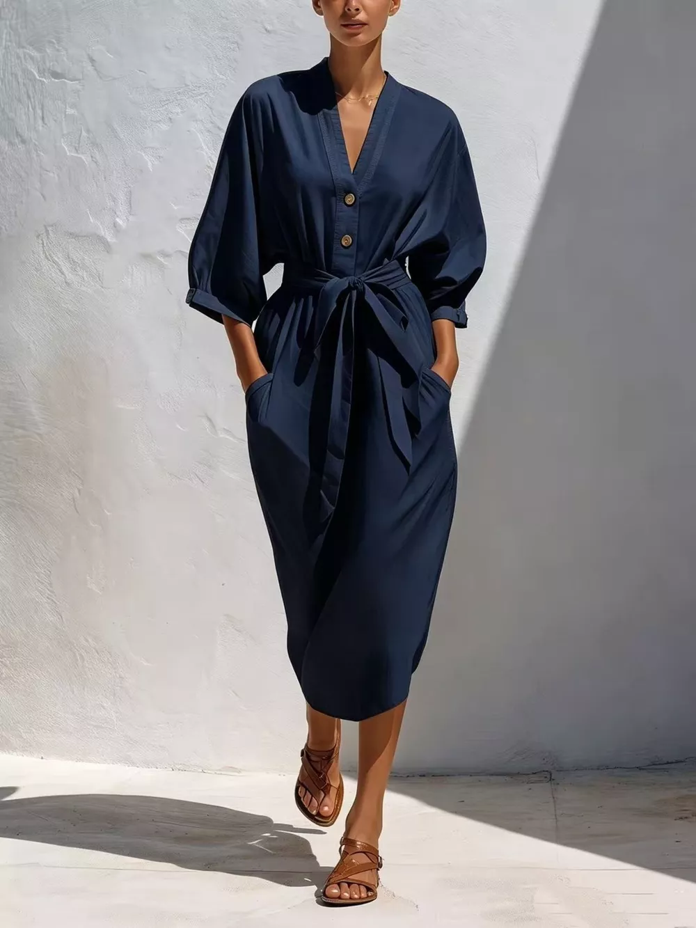 Full Size Tie Waist V-Neck Midi Dress Plus Size, image 10