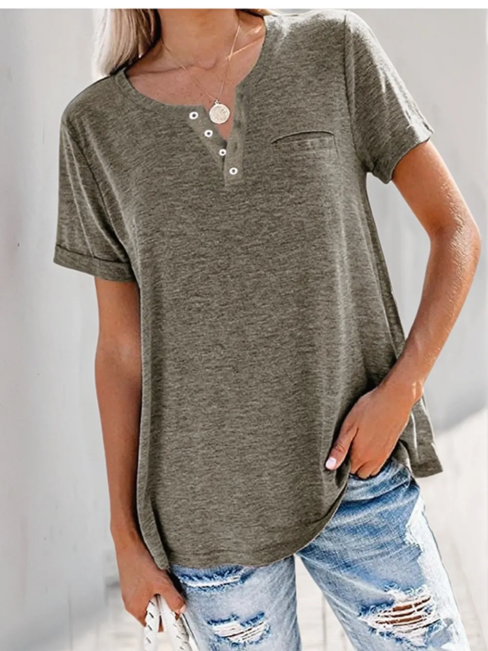 Full Size Notched Short Sleeve T-Shirt Plus Size, image 19