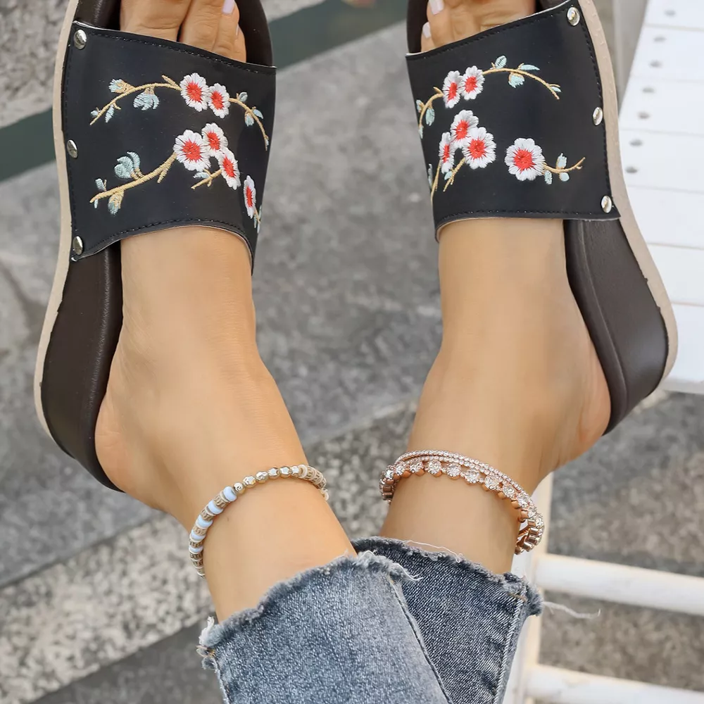 Floral Embroidered Wedge Sandals, image 7