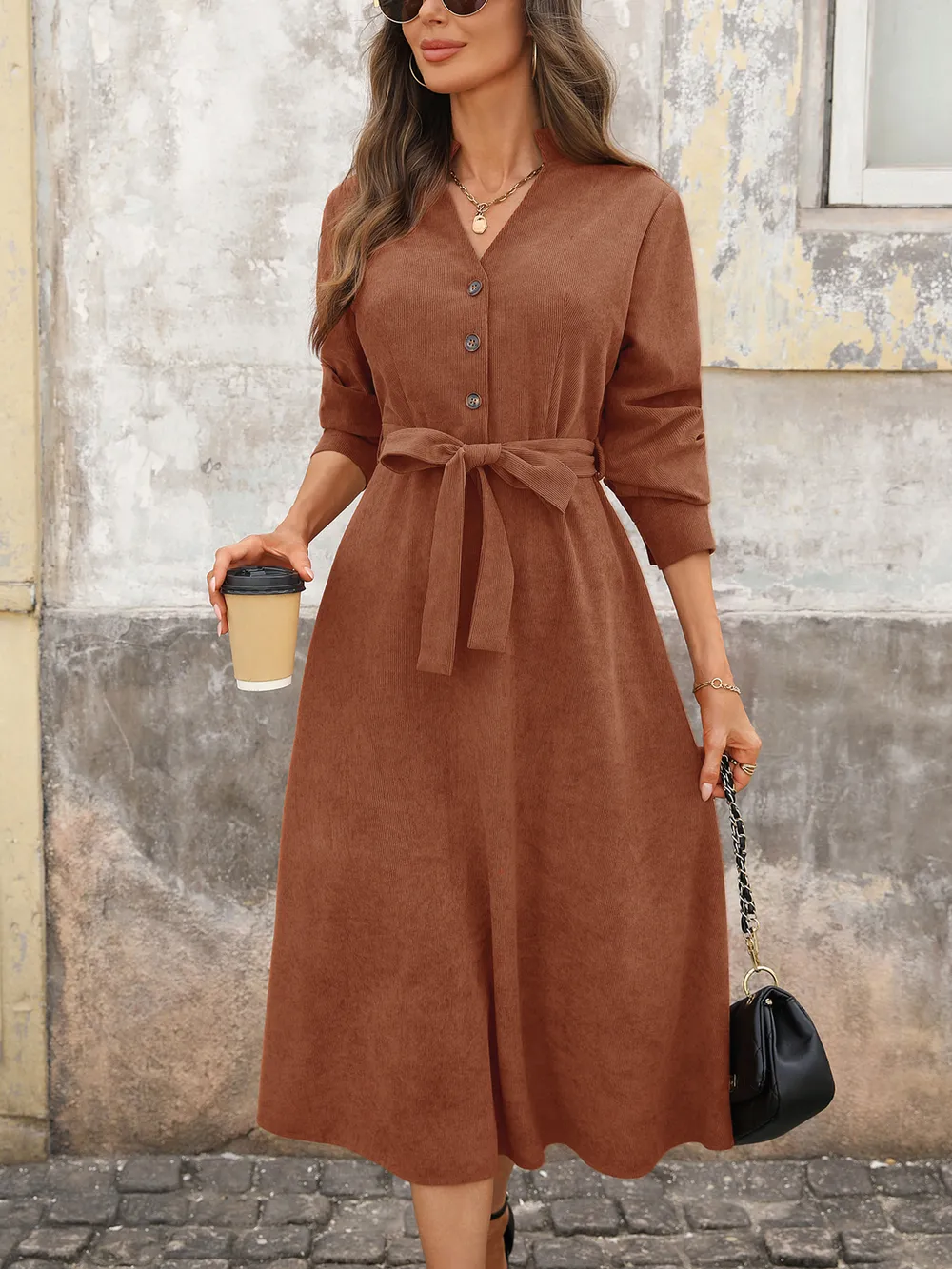 Long Sleeve Button Front Belted Midi Dress, image 2