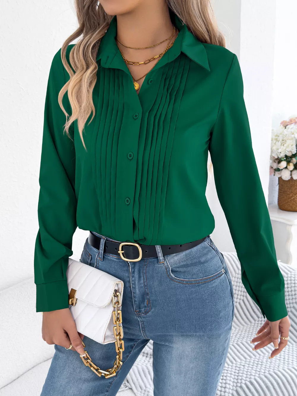Pleated Front Long Sleeve Shirt, image 14