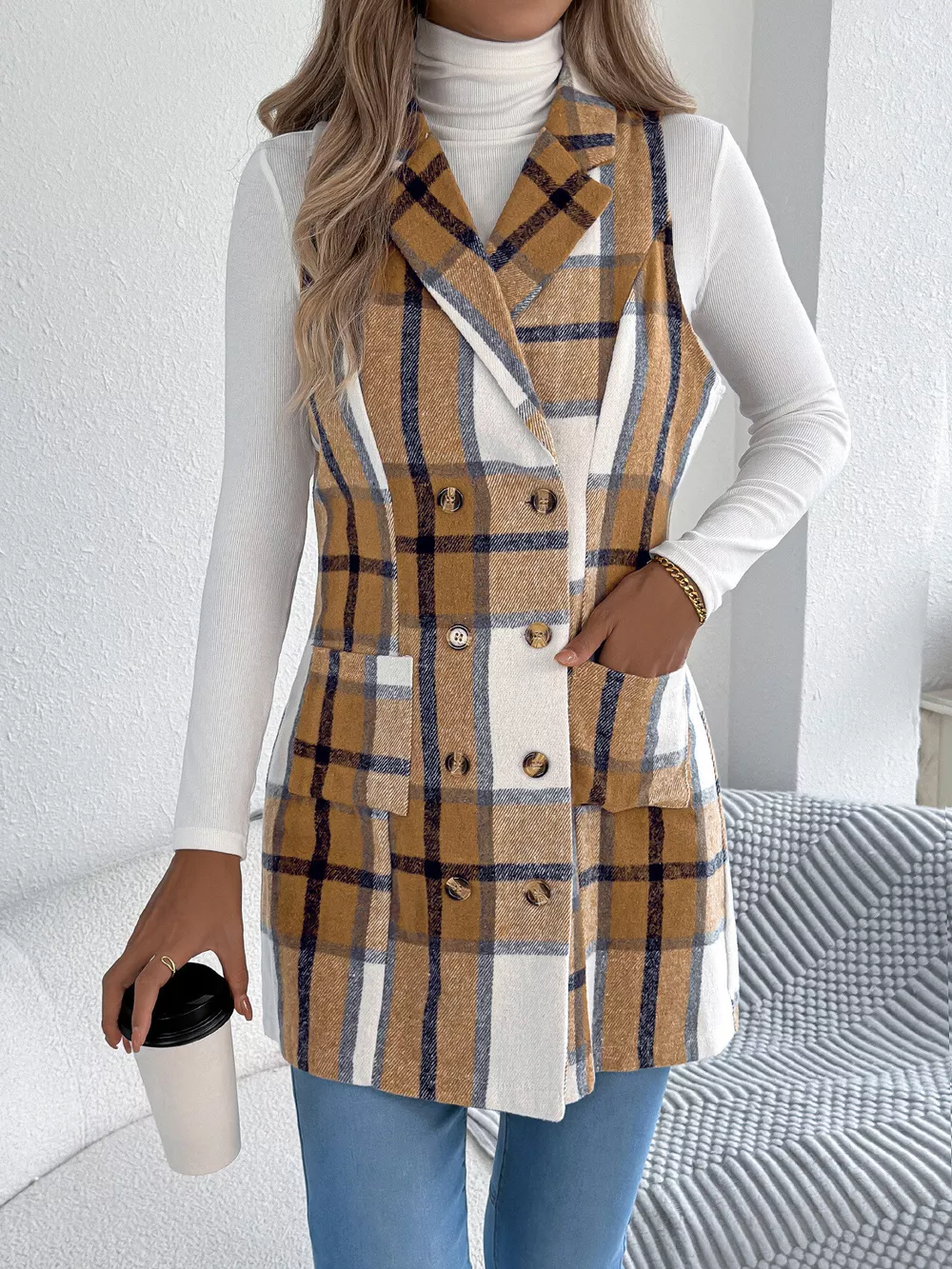 Plaid Double-Breasted Vest Coat, image 2