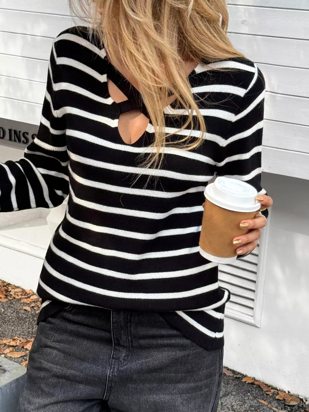 Striped Cross Front Long Sleeve Knit Top, image 3