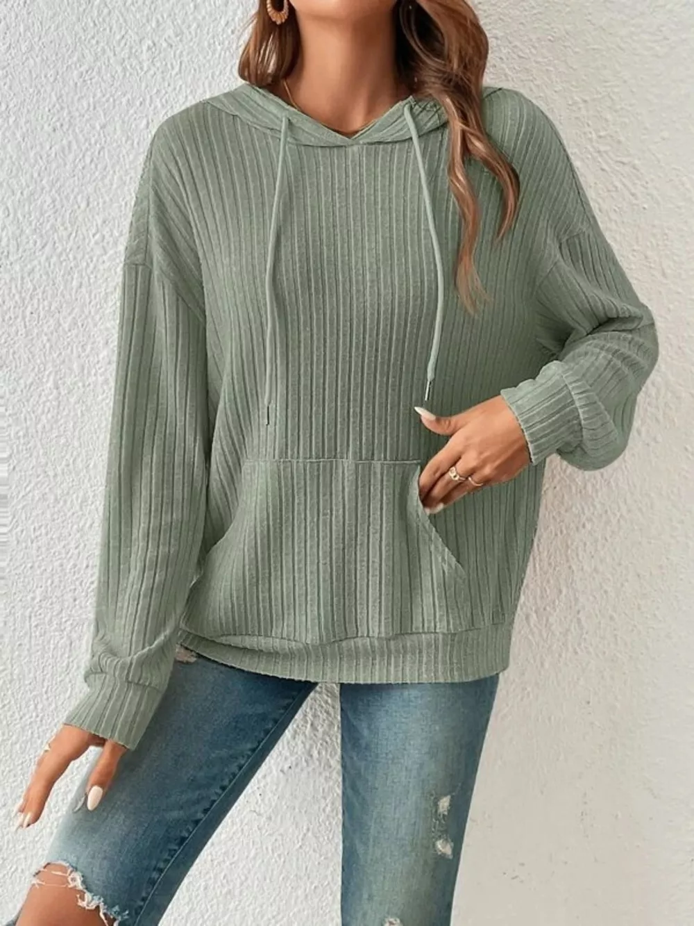 Casual Ribbed Knit Drawstring Hoodie, image 17