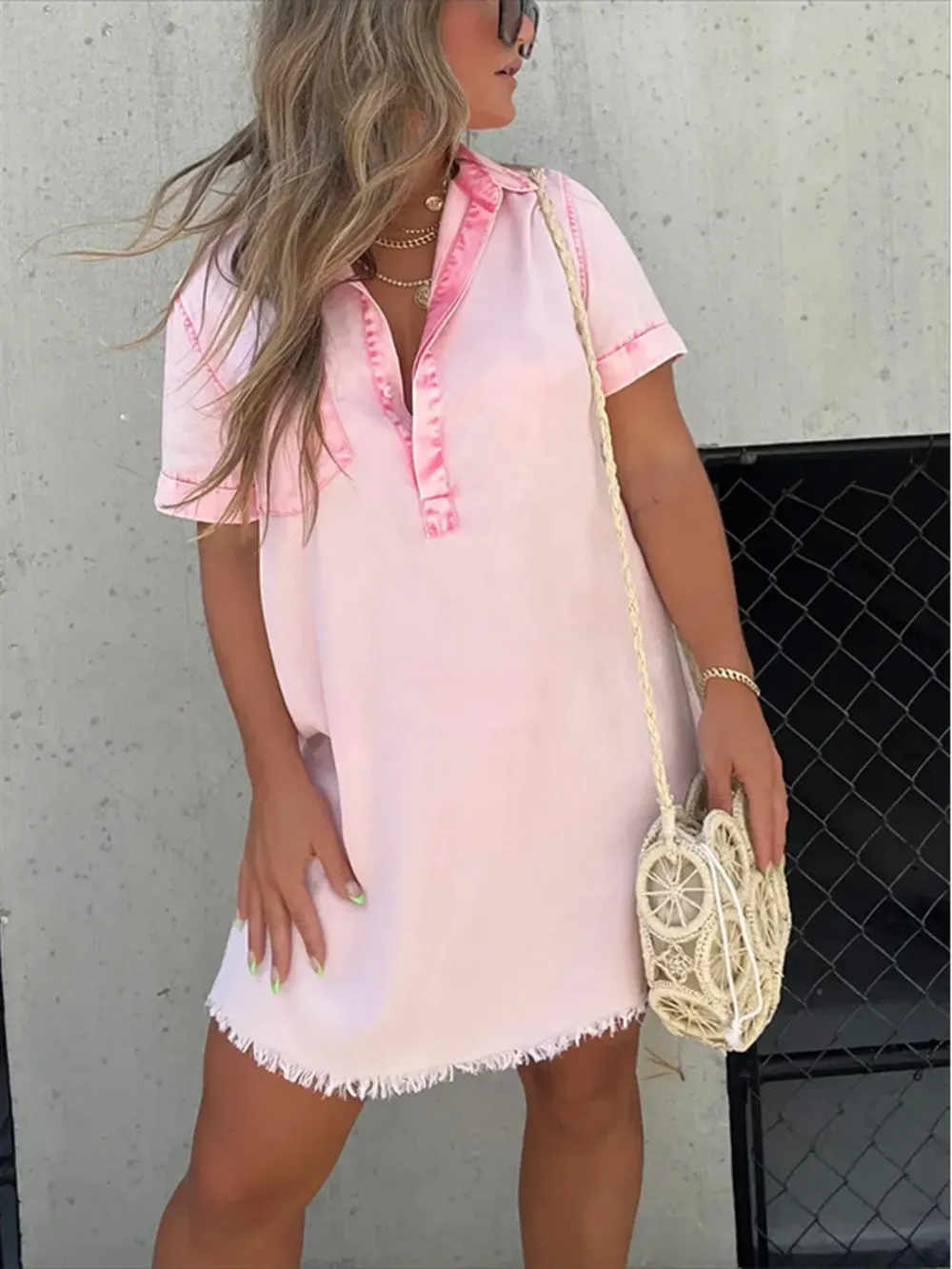 Full Size Raw Hem Short Sleeve Denim Dress Plus Size, image 3