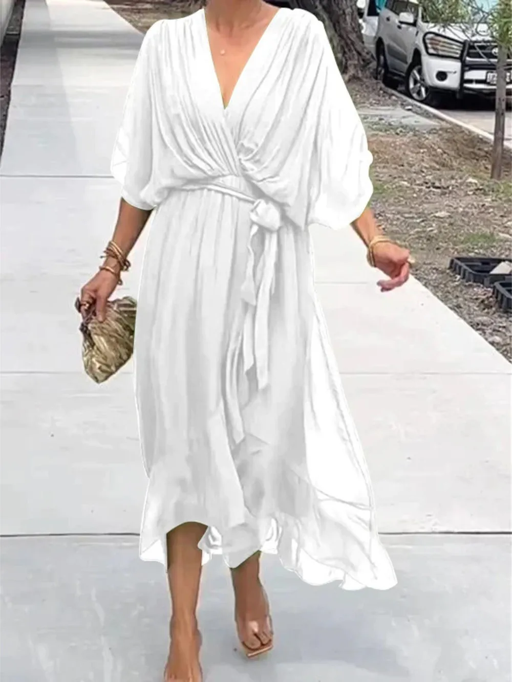 Full Size Flowy Tie Front Midi Dress with Flutter Sleeves Plus Size, image 15