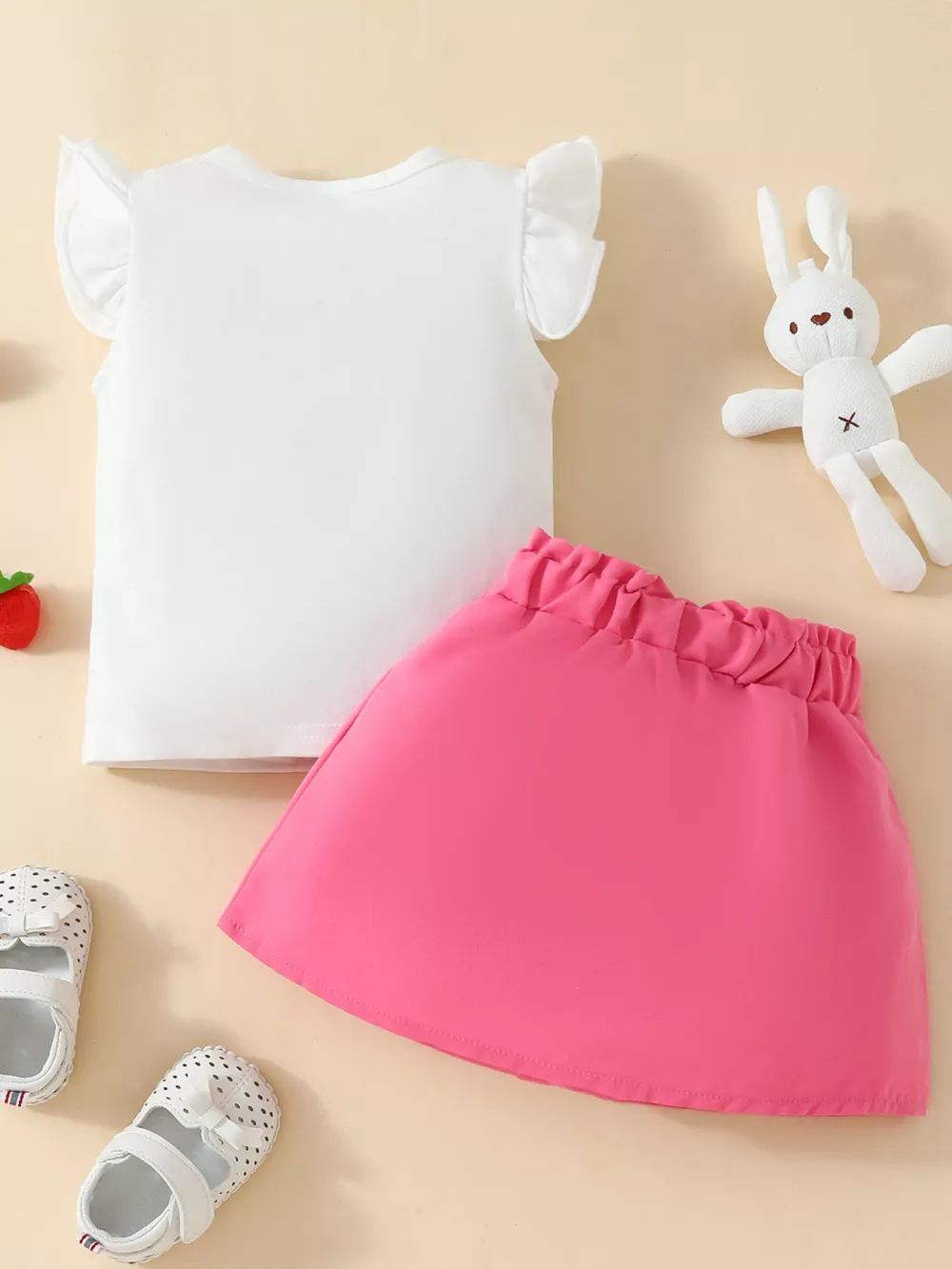 Children's Strawberry Bunny Graphic Ruffle Sleeve Top and Skirt Set, image 7