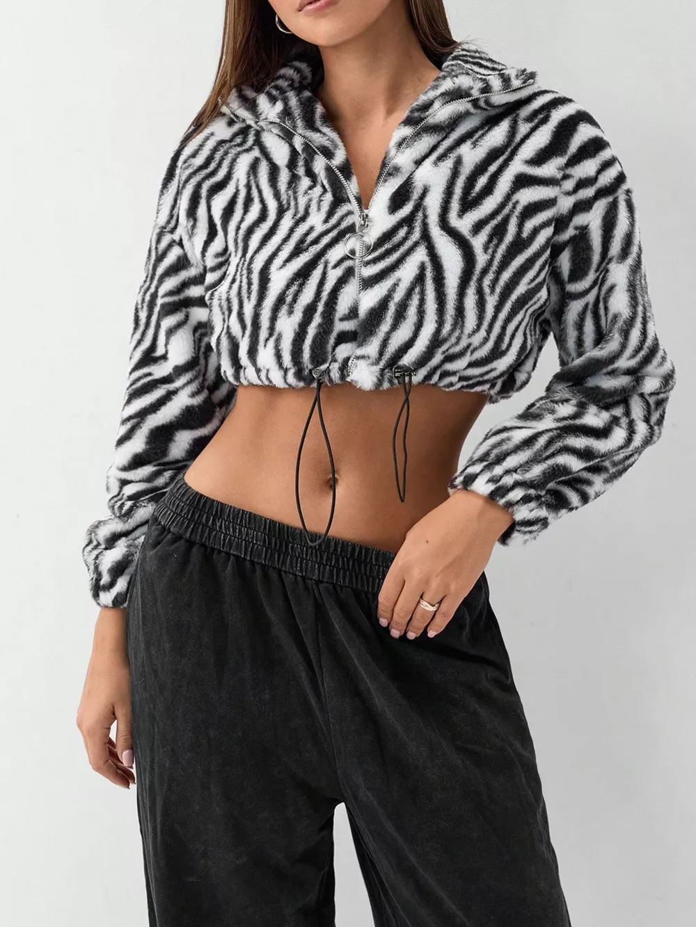 Zebra Print Plush Cropped Jacket