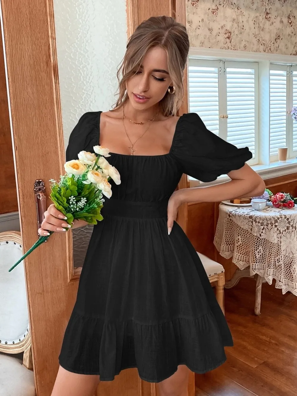 Square Neck Puff Sleeve Mini Dress