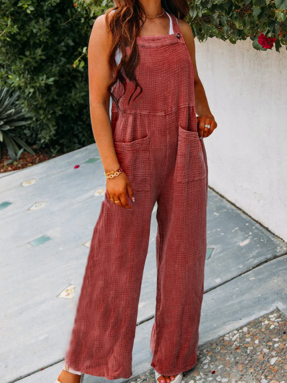 Full Size Casual Wide Leg Textured Overalls Plus Size, image 8