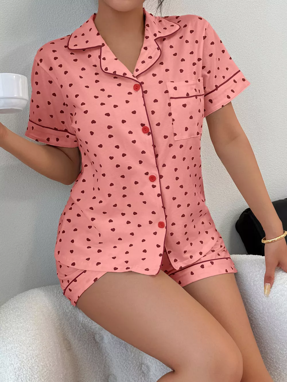 Heart Print Button-Down Short Sleeve Top and Shorts Lounge Set, image 6