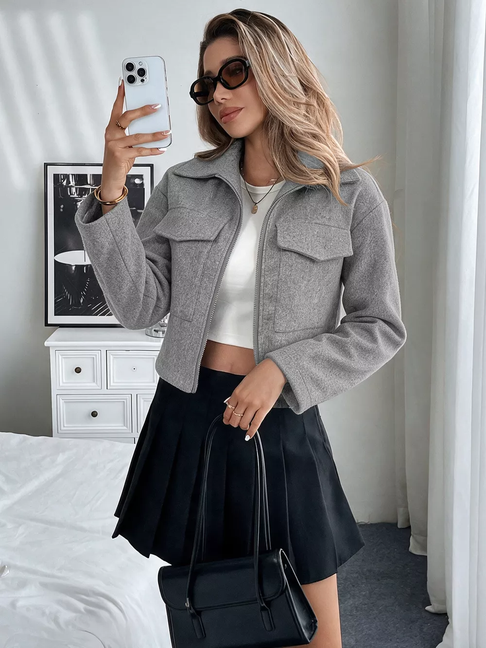 Zip Up Cropped Shacket with Flap Pockets