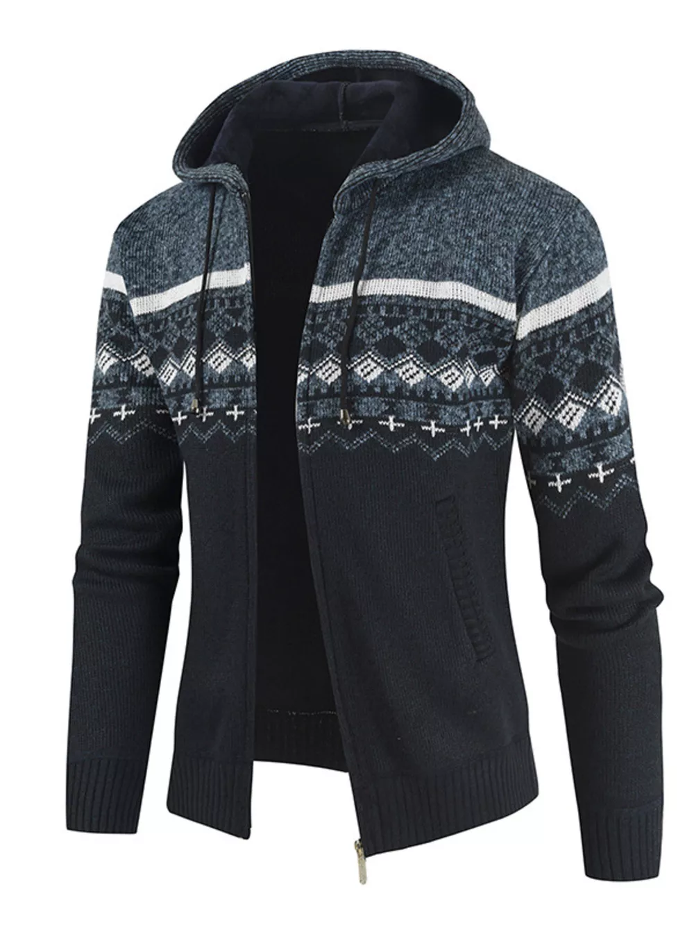 Men's Plus Size Hooded Fair Isle Pattern Knit Cardigan