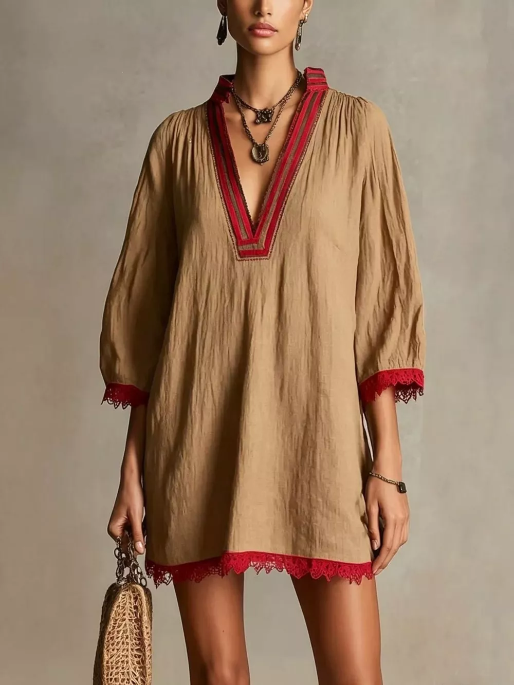 Lace Trim Notched Mini Dress, image 2