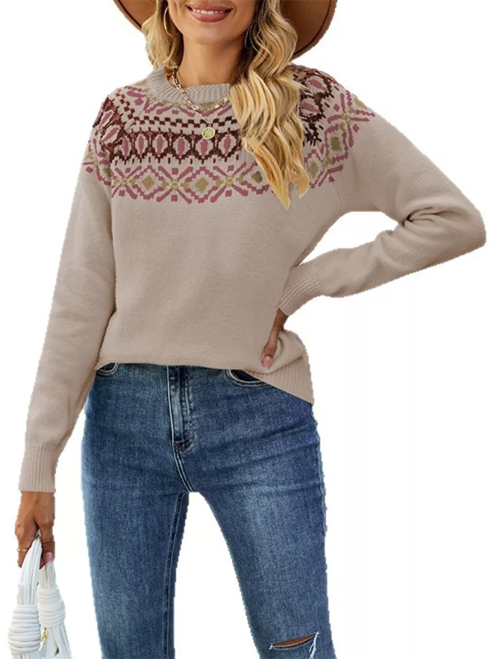 Fair Isle Pattern Crew Neck Sweater, image 7
