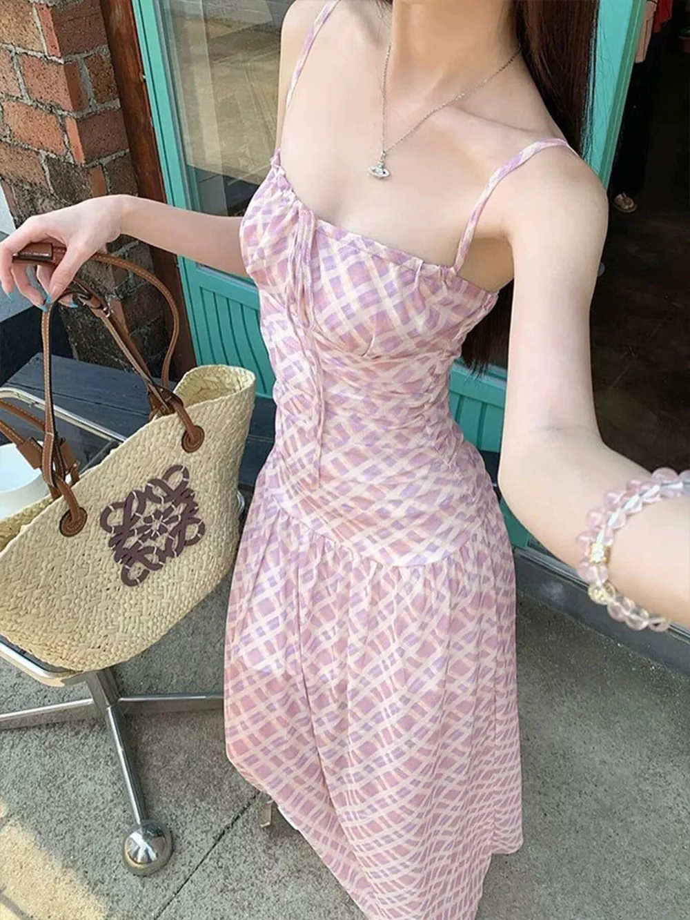 Plaid Spaghetti Strap Maxi Dress, image 3