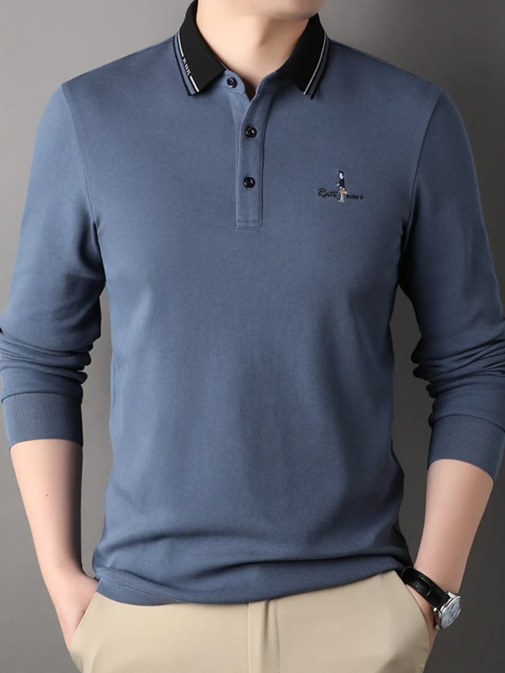 Men's Plus Size Button Detail Long Sleeve Polo, image 3