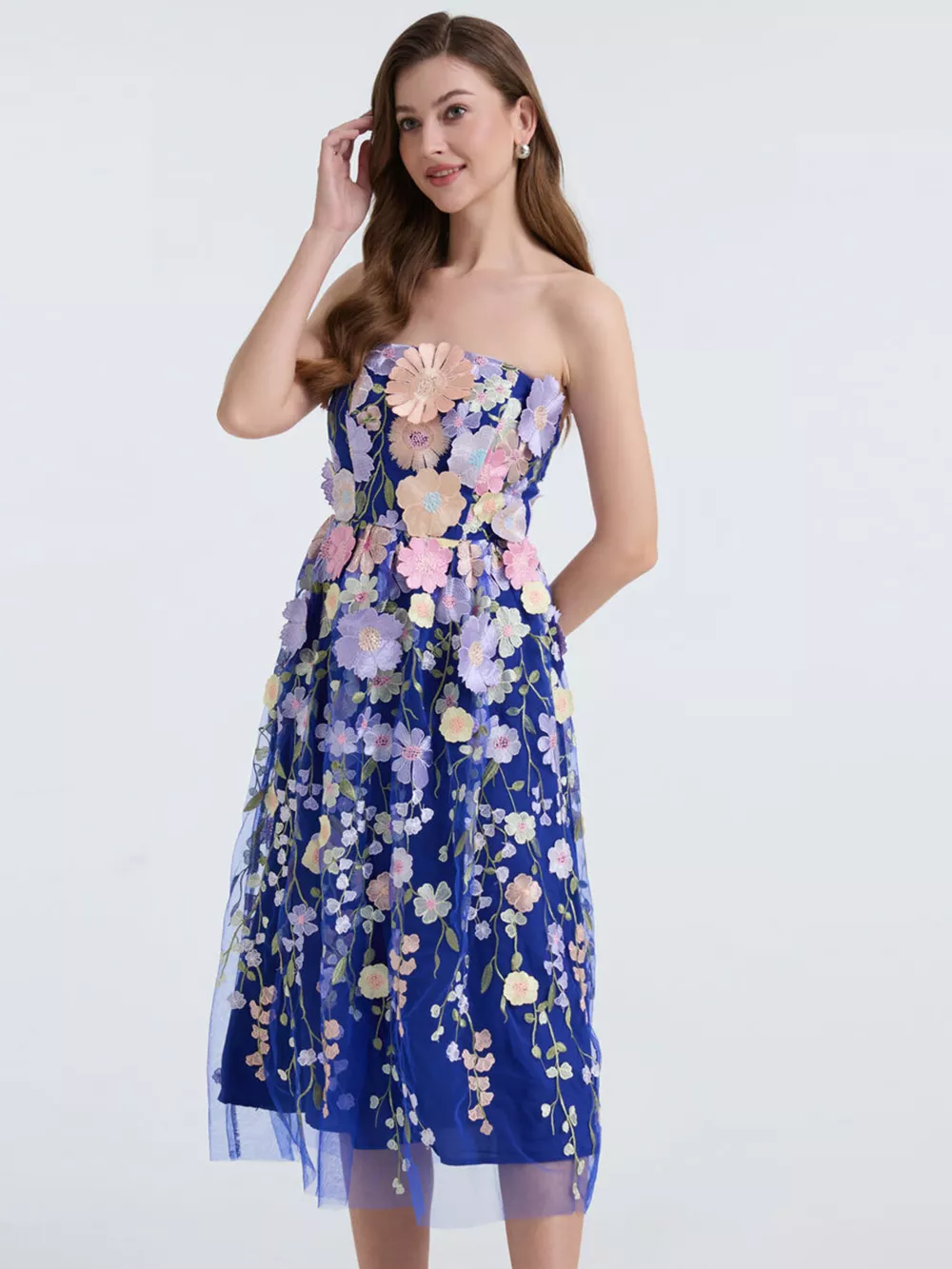 Floral Applique Strapless Midi Dress, image 11