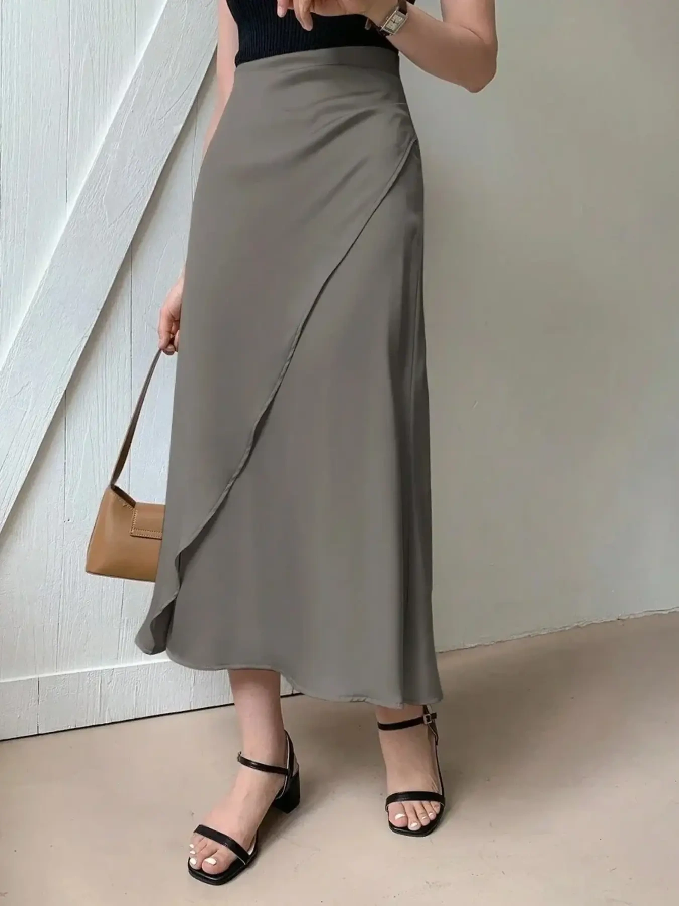 Asymmetric Wrap Midi Skirt with Fluted Hem, image 5