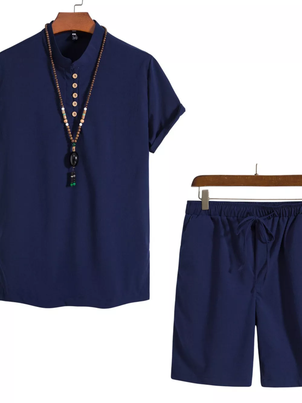 Men's Plus Size Casual Mandarin Collar Short Sleeve Shirt and Shorts Set, image 6
