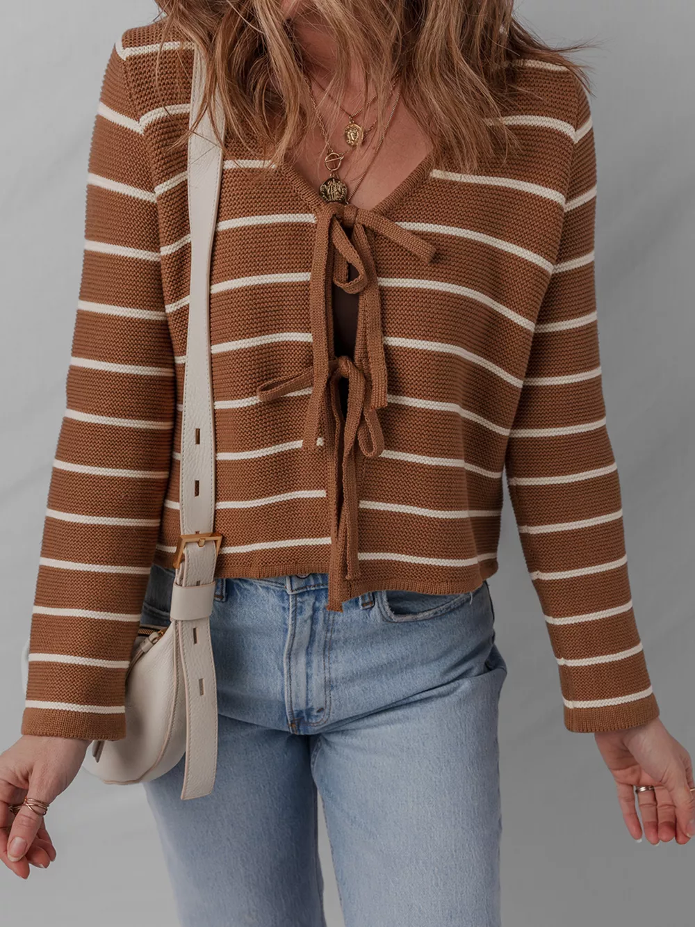 Tie Front Striped Knit V Neck Cardigan, image 2