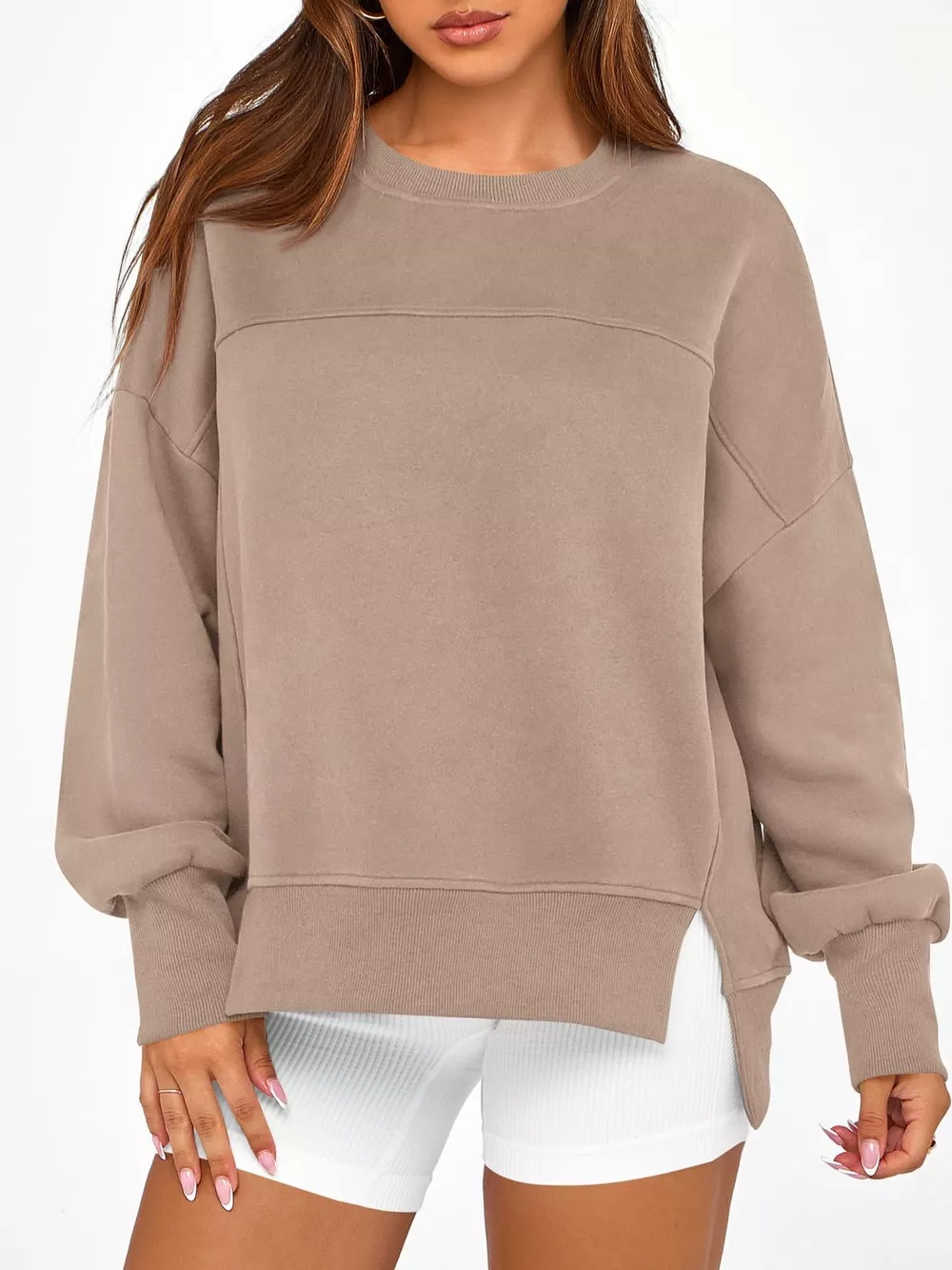 Slit Round Neck Dropped Shoulder Sweatshirt, image 23